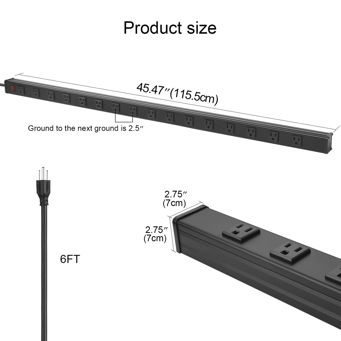 Long Heavy Duty 16 Outlet Large Metal Garage Workshop Multi Wide Industrial Power Strip. 6FT Cord 15A, 125V, 1875W (Black)