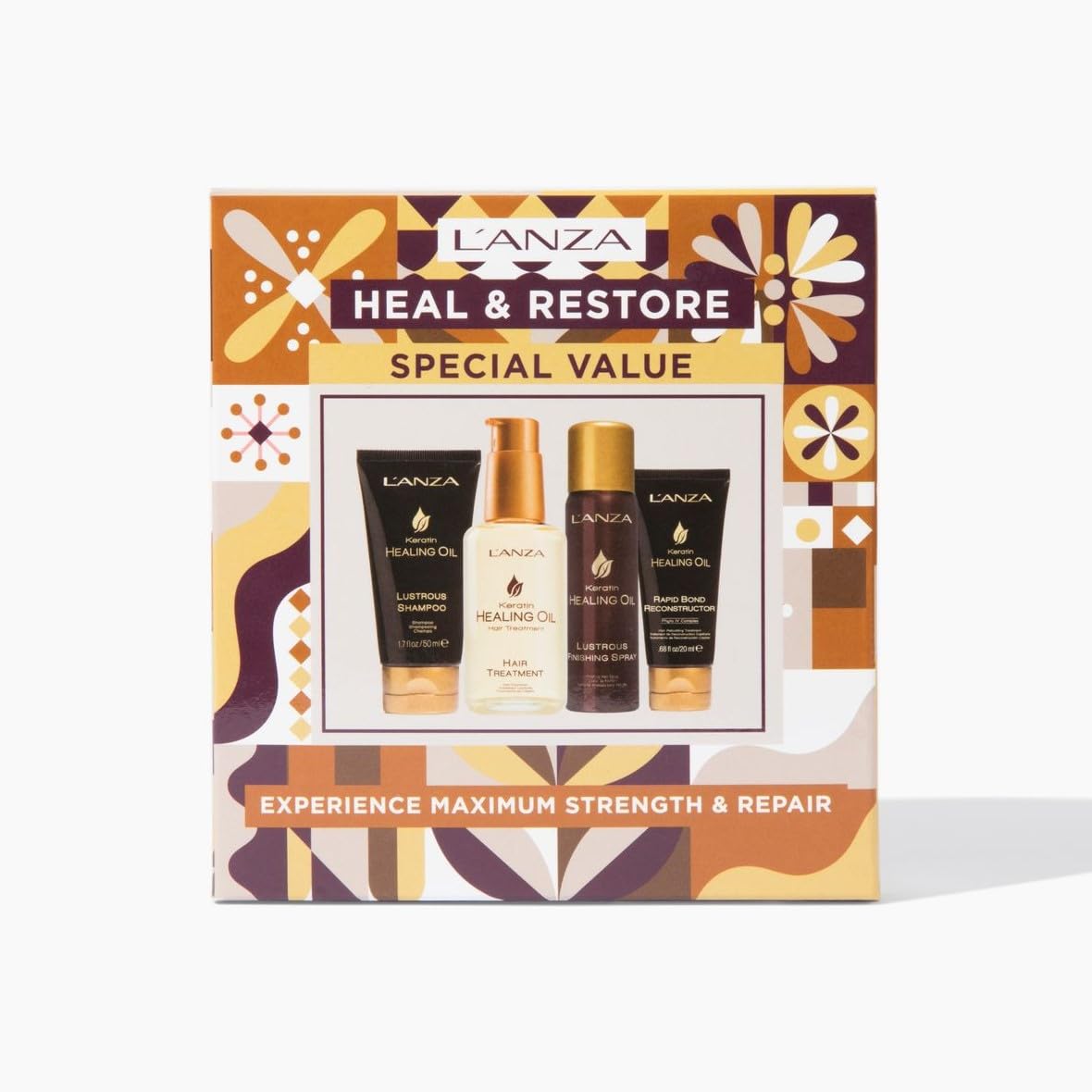 L'ANZA Keratin Healing Oil Sampler Hair Kit, Keratin Hair Oil Treatment with Travel Size Shampoo, Finishing Hair Spray & Rapid Bond Reconstructor Hair Care Kit in a Gift Box(1.7/2/0.68 Fl Oz)