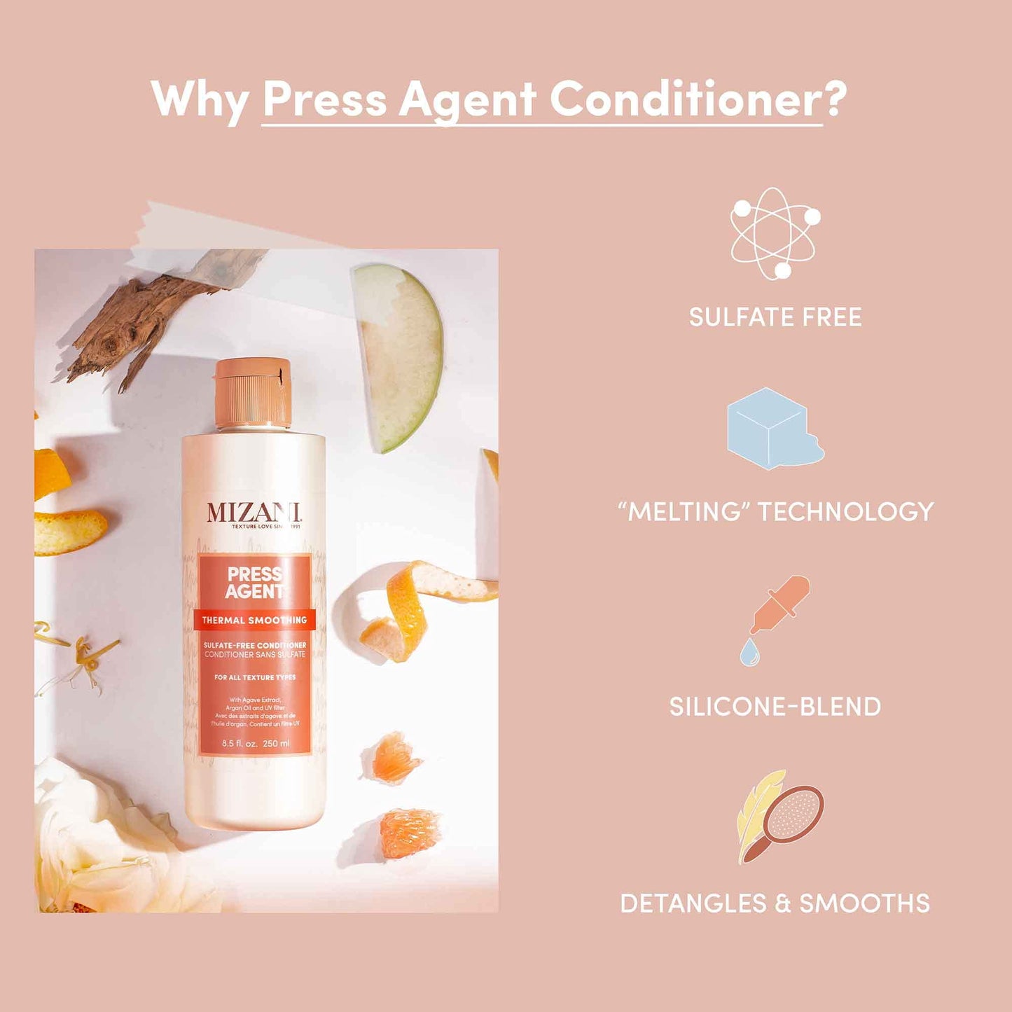 Mizani Press Agent Thermal Smoothing Sulfate-Free Conditioner, Pink Grapefruit, juicy Mandarin with a floral medley of Jasmine, Rose & Freesia, ending on notes of Musk & Wood., 33.8 fl. oz