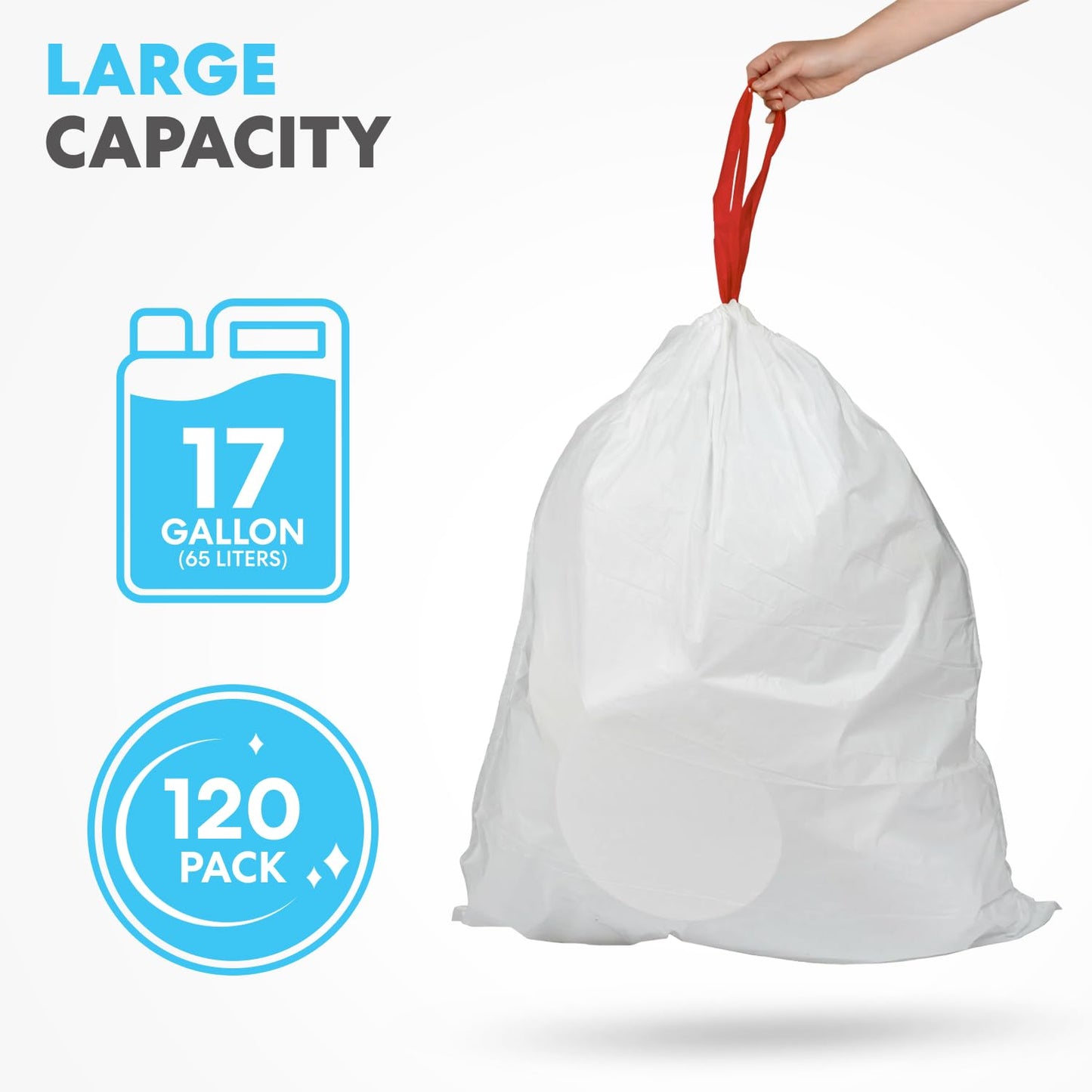 Simpli-Magic 17 Gallon Drawstring Trash Bags, Code C, 120 Pack – Tall Kitchen Garbage Bags, Custom Made with Premium Materials (White)