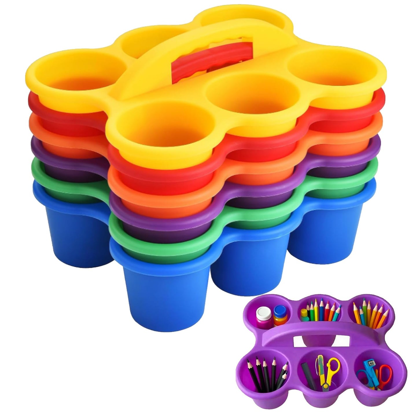 SSATISCN Multicolor Pencil Holders for Desk, 6-Cup Classroom Caddy with Handles, Durable Art Supply Organizer for School Office Home (Set of 6)