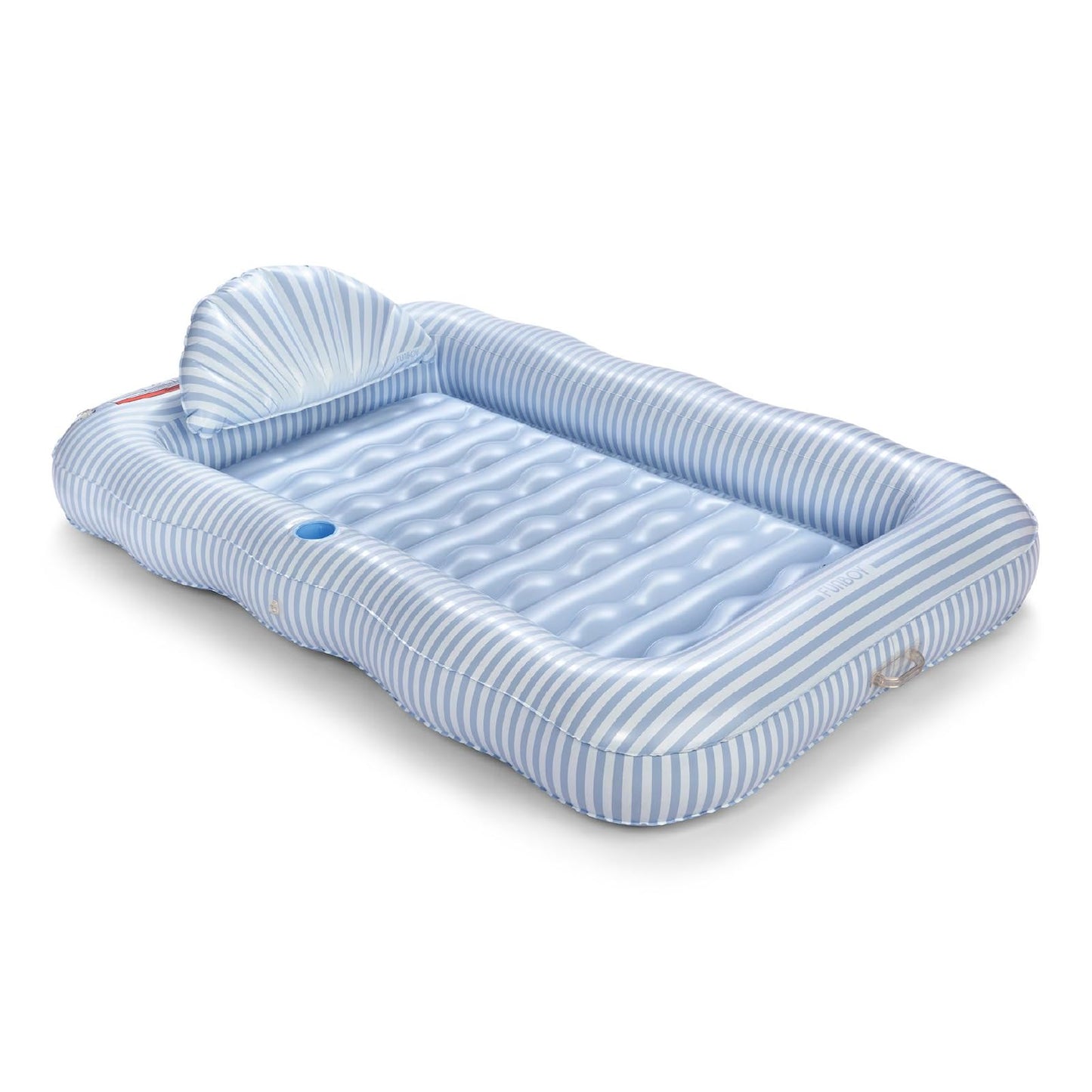 FUNBOY Blue Stripe XL 72"x48" Luxury Inflatable Tanning Pool Lounger Float for Adults, with Custom Pillow, Large Cup Holder & Handles, for Backyard, Beach & Lake Summer Outdoor Use