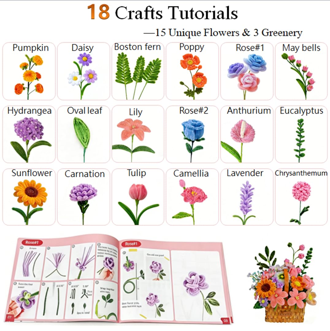 EcoSolace Pipe Cleaners Craft Kit, 850 Pieces in 16 Colors with Chenille Stems, Stamens, Pearls, Poles, Ribbon, Tape and User Manual for Flower Making, Art and Craft Supplies