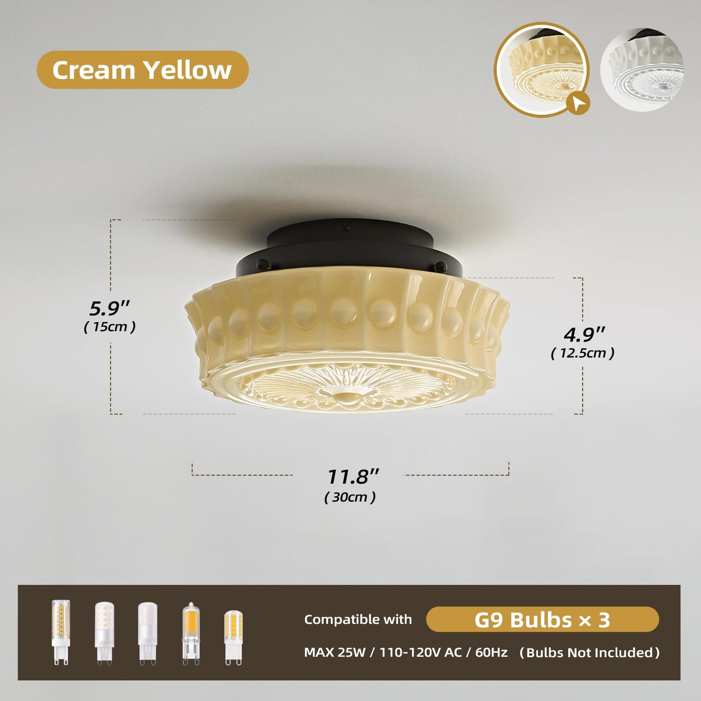 Schoolhouse Vintage Glass Ceiling Light - Small 12 Inch Cream Yellow Mid Century Modern Flush Mount Lighting Fixtures - Art Deco Lamp for Bedroom Kitchen Entryway Laundry Hallway Foyer Bathroom Hall