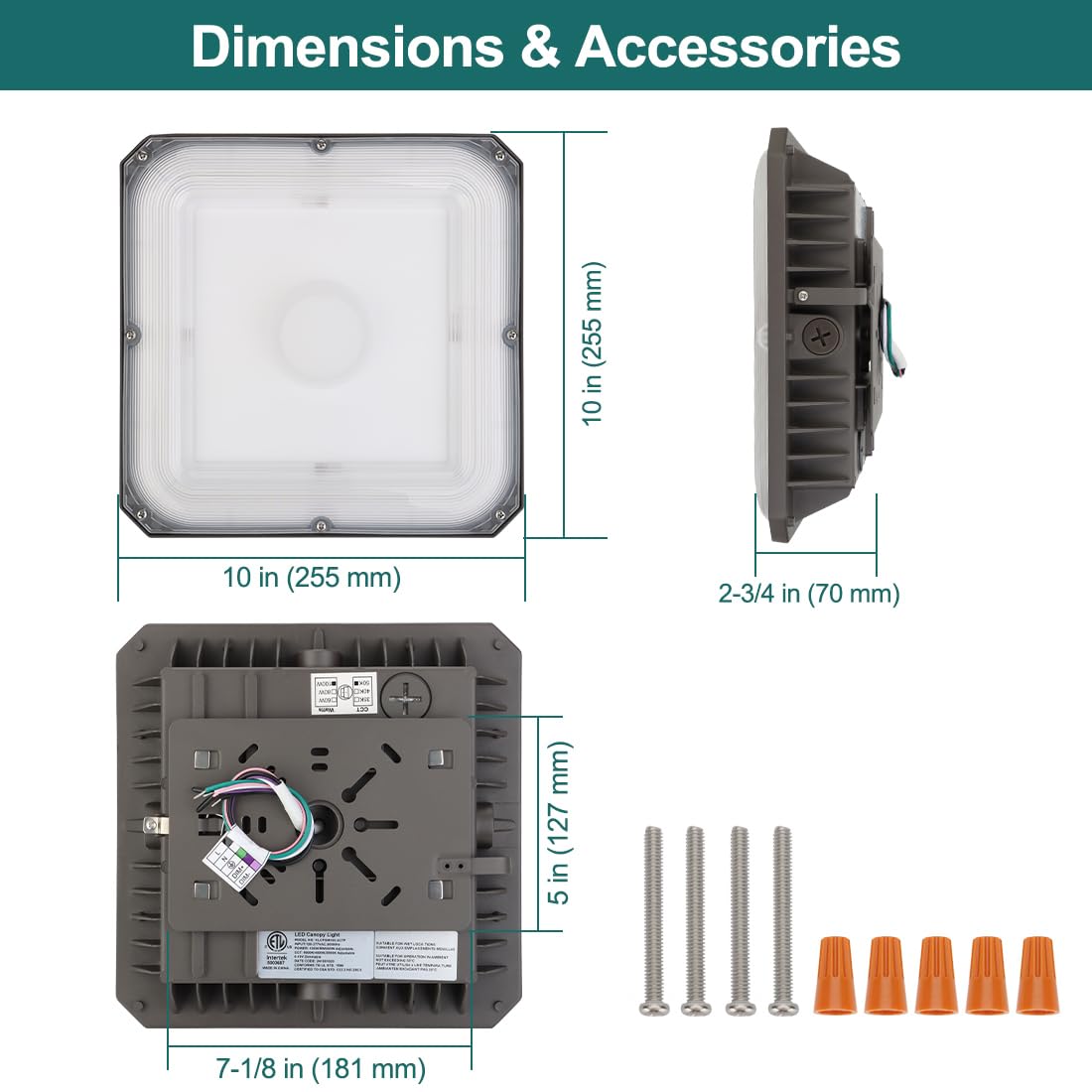 Kadision LED Canopy Light 100W (400 MH Equiv.), 10"x10" Square Gas Station Light with Selectable Wattage (100/80/60W) and CCT (5000/4000/3500K), 0-10V Dimmable IP65 Waterproof, UL Certified