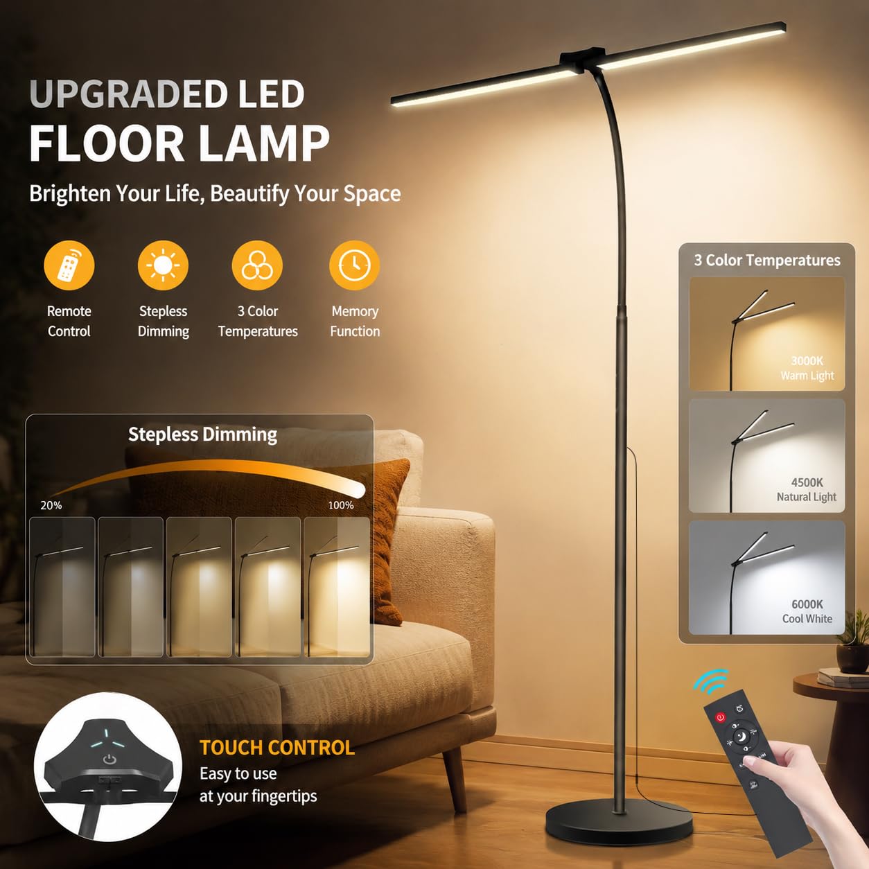 StarMoitic LED Floor Lamp for Living Room, 24W/2400LM Super Bright Dual Head Floor Lamp with Remote & Touch Control, Dimmable Reading Lamp with Adjustable Panels for Bedroom, Office, Craft & Sewing