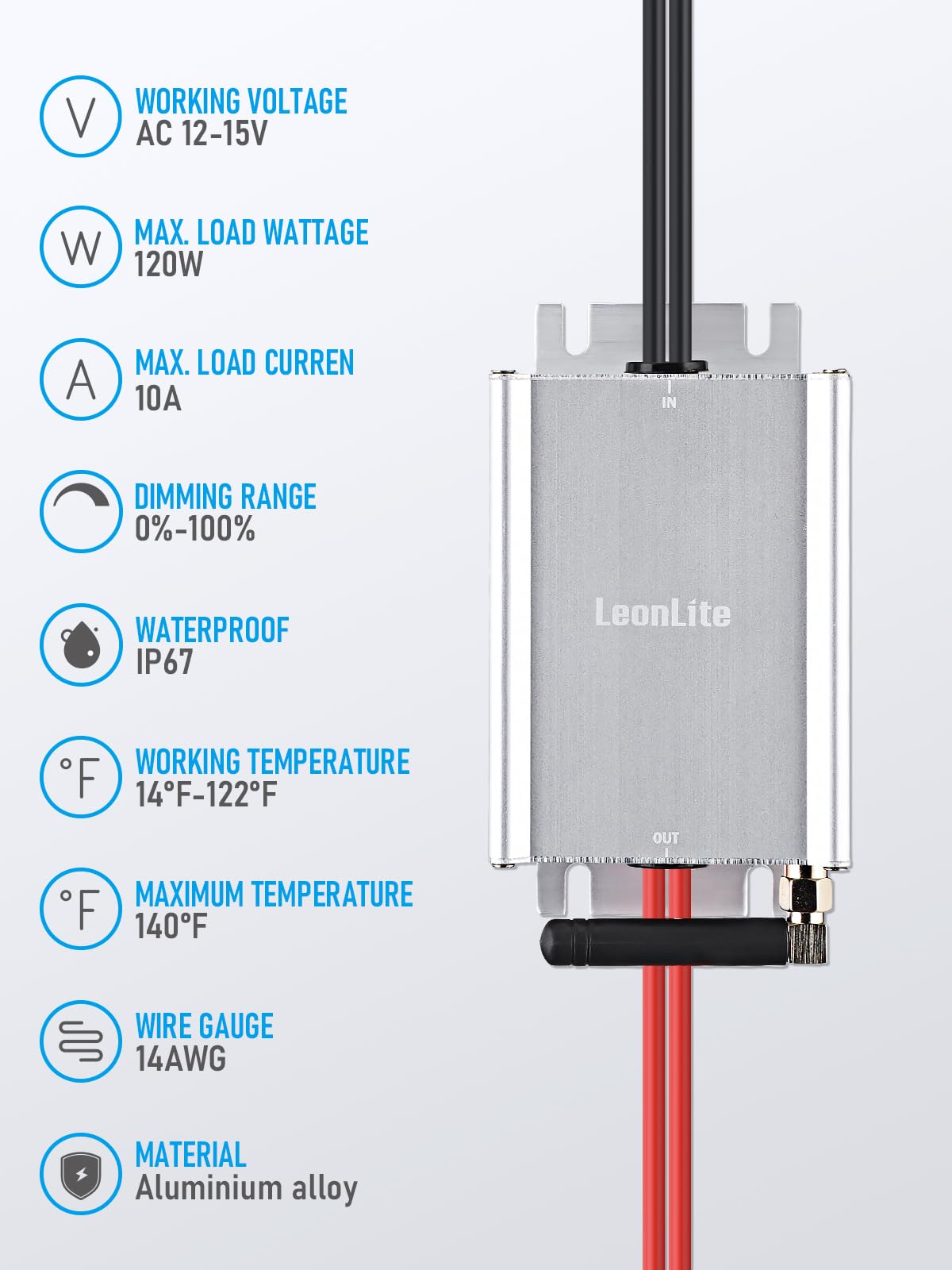 LEONLITE 120W AC Low Voltage Dimmer for Landscape Lighting, 12V-15V AC Working Voltage, 0%-100% Dimming Range, IP67 Waterproof, 100% Compatible with LEONLITE Landscape Light Fixtures