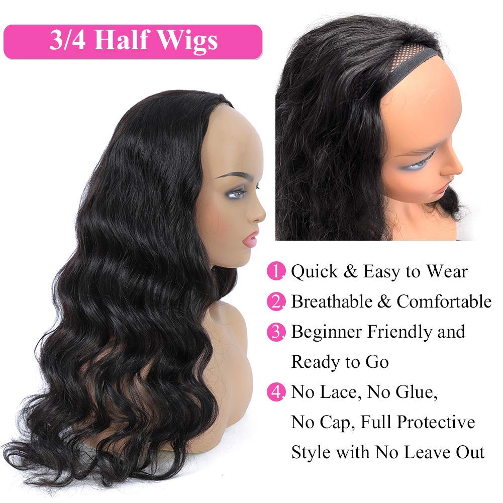Urbeauty Half Wigs for Black Women Human Hair 14 inch Body Wave Human Hair Wigs, 10A Clip on Wig for Black Women Brazilian Virgin Human Hair 3/4Wigs