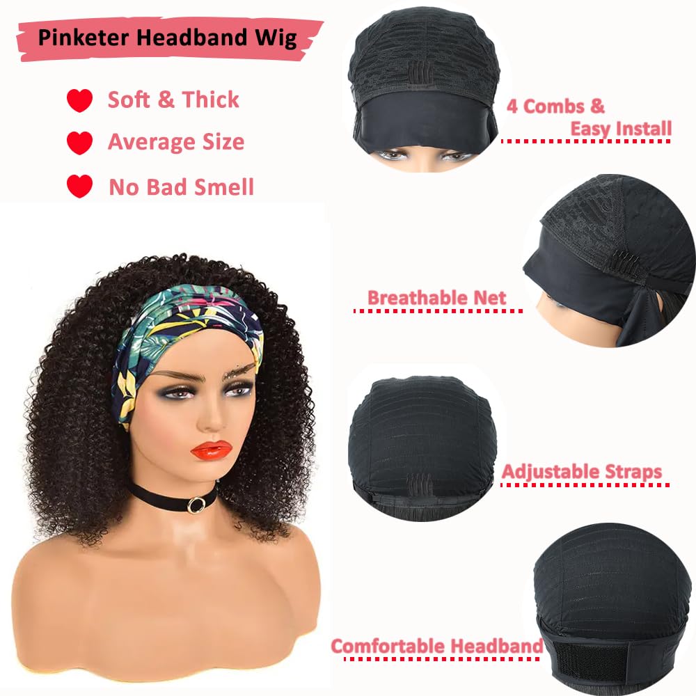 Headband Wig Human Hair Kinky Curly Headband Wig Human Hair None Lace Front 150% Density Brazilian Virgin Human Hair Headband Wigs for Black Women Natural Color (Headband Wig, 18inch)