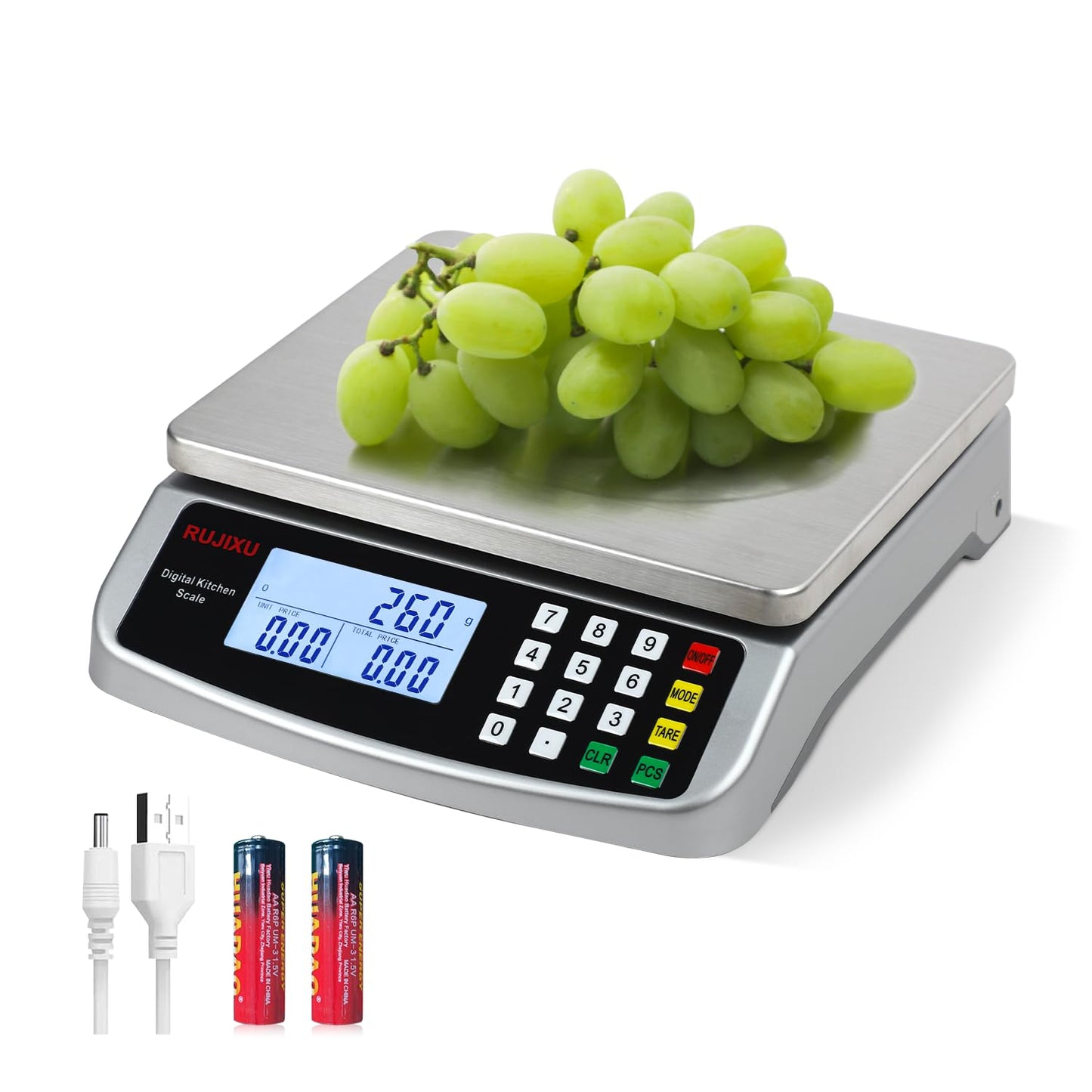 Food Scale 88lb/40kg Large Digital Kitchen Scale 0.05oz/1g with Price Computing Commercial Scale 304 Stainless Steel gram Scale for Baking Cooking Meat Restaurant ，USB or AA Battery(Included)