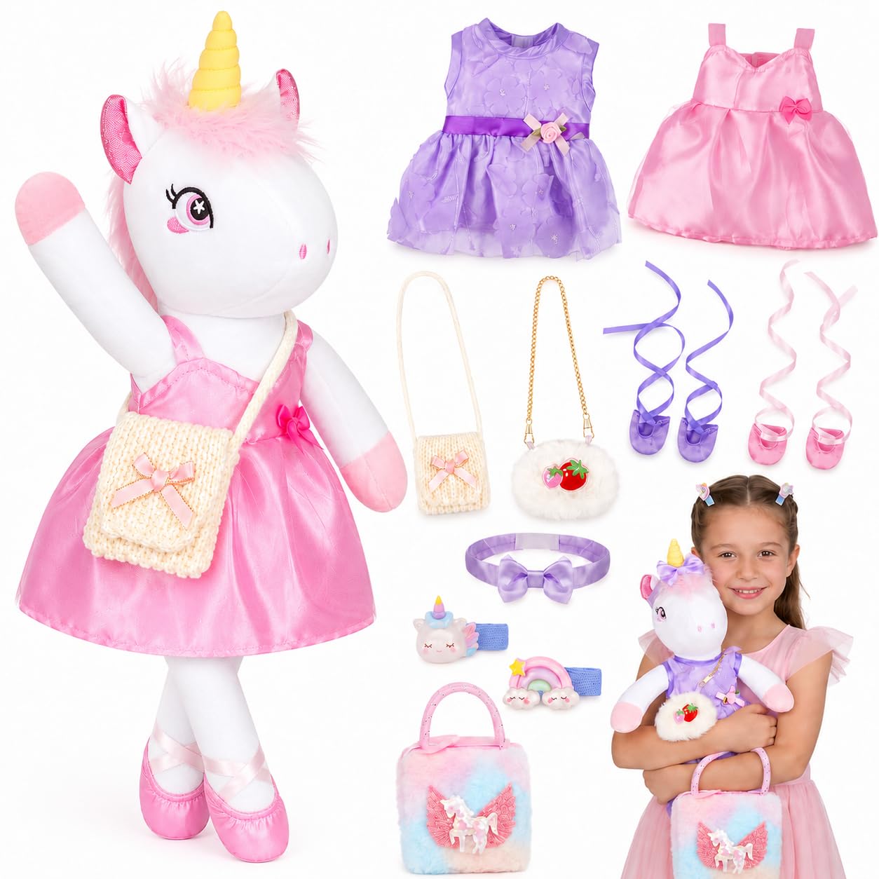 ZeffuLyne Unicorn Stuffed Animals, 11PCS Unicorns Toys for Girls Age 4-6 Ballerina Doll Stuffed Animal Toy with 2 Set Ballerina Dresses, Shoes, Bags & Hair Clips, Birthday Gifts for Girls Age 4-8