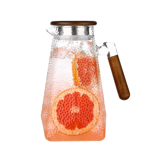 Borosilicate Glass Pitcher With Lid,1.8 Liter All-Purpose Heat-Resistant Carafe with Handle, Jug，for Iced Tea, Coffee, Juice, Milk, Fruit Infusions (Hot & Cold) (hammered texture, 60 oz)