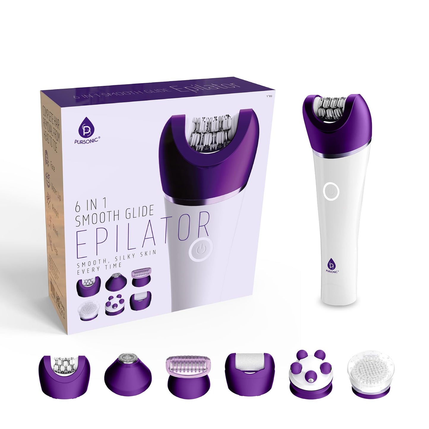 PURSONIC 6-in-1 Smooth Glide Epilator - All-in-One Hair Removal, Exfoliation, and Massage Set for Women