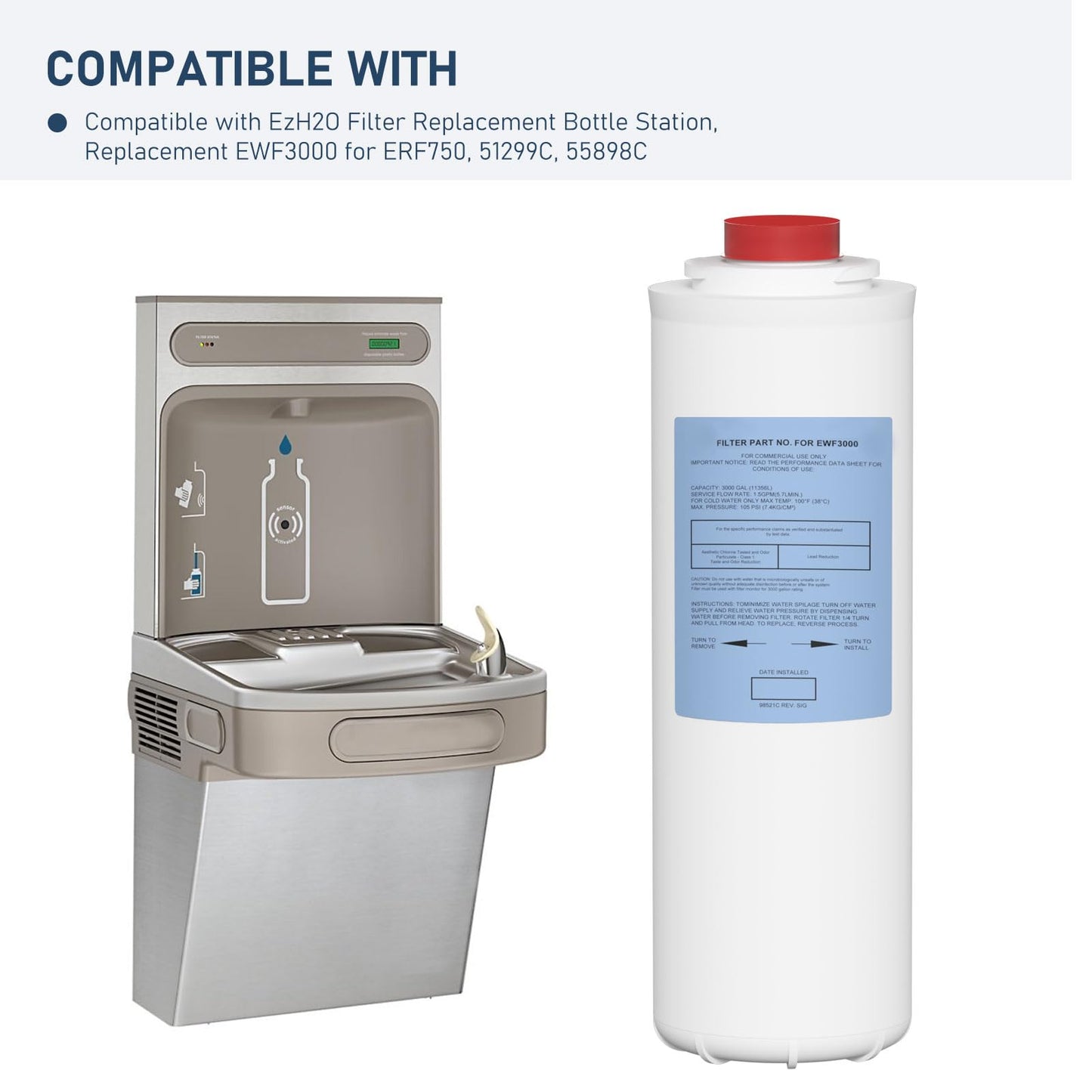 51300C Water Replacement Filter Compatible with Elkay 51300C EWF3000, and Ezh20 Bottle Filling Station, 3000 Gallon Water Filter Replacement for ERF750, 51299C, 55898C (No Chip)