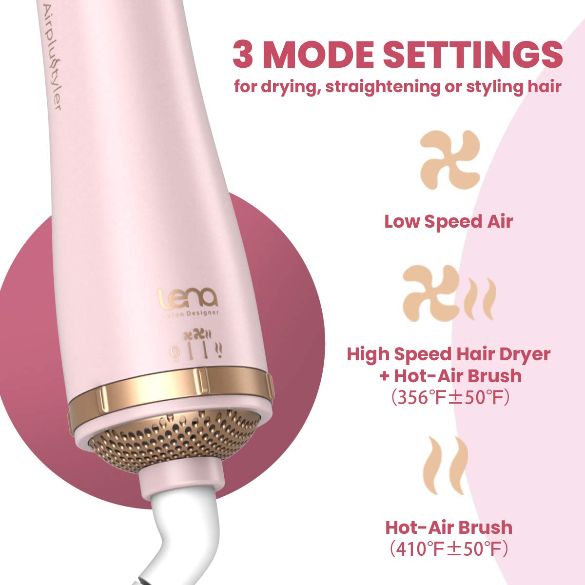 LENA Hair Straightener Brush Dryer PRO Blow Dryer Hot Air Brush - Anti-Scald Straightening Iron Comb Styler with Extra Ion Care, Far Infrared Heating and 3 Modes for Long & Medium Length Hair, Pink