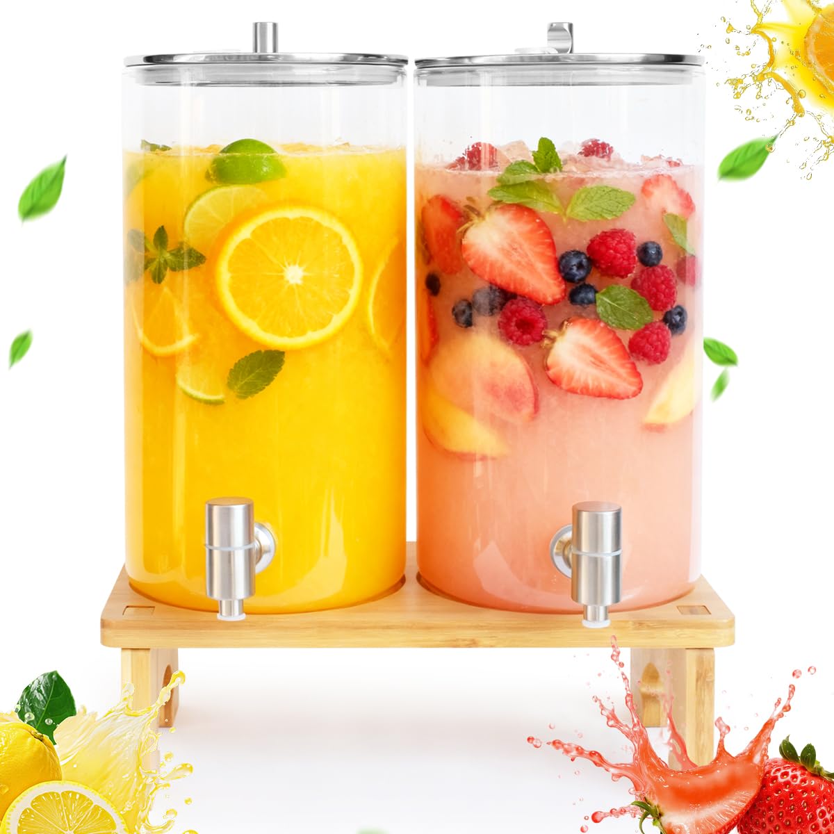 2 Pack 1.5 Gallon Drink dispenser with Stand，Glass Beverage Dispenser With Wood Stand, 18/8 Stainless Steel Spigot and Labels Large Water Drink Dispensers for Parties, Lemonade,Juice, Tea