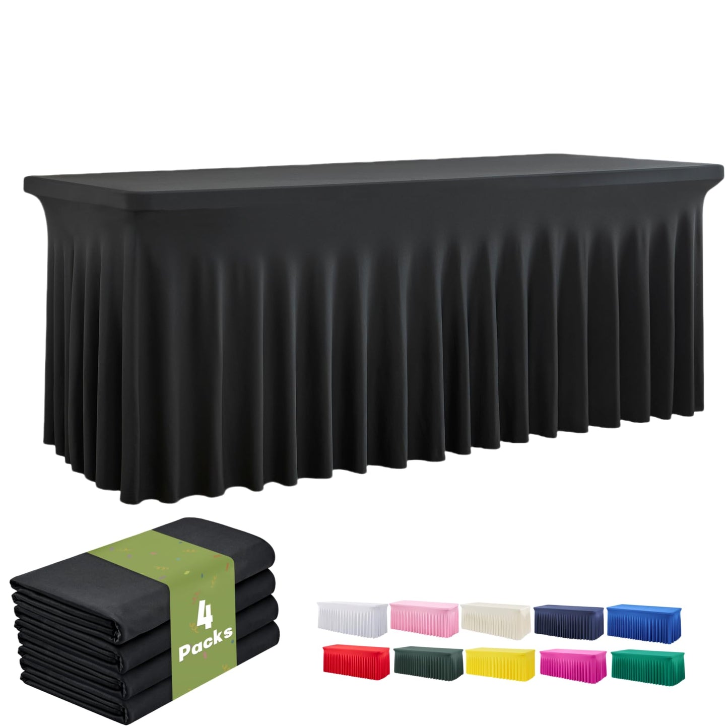leegleri 4 Pack Black Spandex Table Cloths for 6 Foot Rectangle Tables, Wrinkle Free Stretch Fitted Tablecloths 6ft, Black Banquet Tablecloth with Skirt for Parties Weddings Birthday