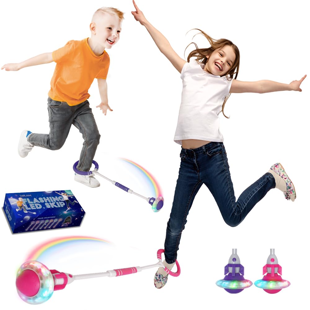 Todos Aman Rocket Flashing LED Ankle Skip Fun Cool Jumping Gift for Ages 5 6 7 8 9 10+ Kids NO Battery Charging Needed Family Exercise Fitness Coordination Balance Extra Energy Burning (Blue & Pink, 2Pk)