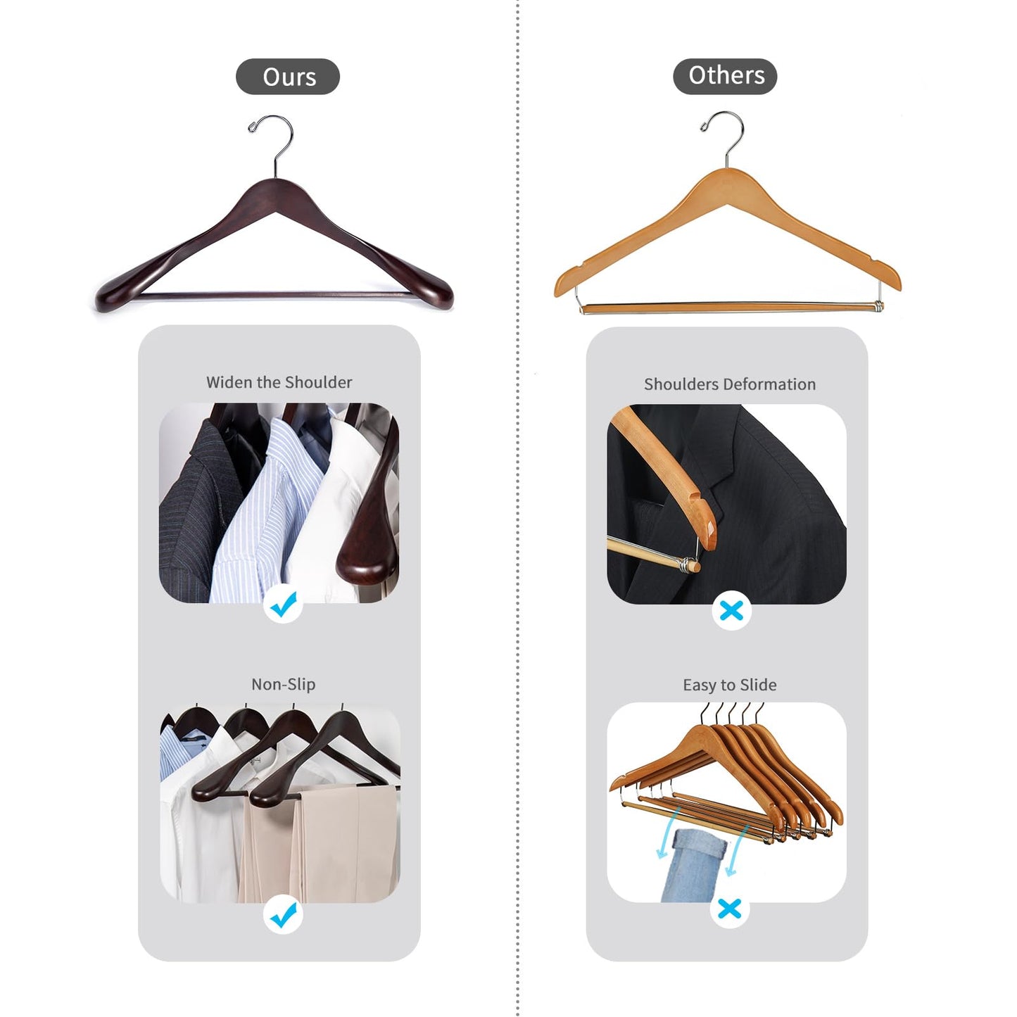 Nature Smile Luxury Mahogany Wooden Suit Hangers - 12 Pack - Wood Coat Hangers,Jacket Outerwear Shirt Hangers with Extra-Wide Shoulder, 360 Degree Swivel Hooks & Anti-Slip Bar with Screw