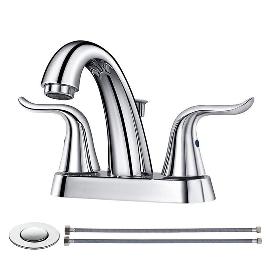 WOWOW Bathroom Faucet 2 Handle 4 Inch Centerset Bathroom Sink Faucet Lead-Free Basin Mixer Tap Lift Rod Drain Stopper, Two-Handle Center-Set Lavatory Faucet Chrome