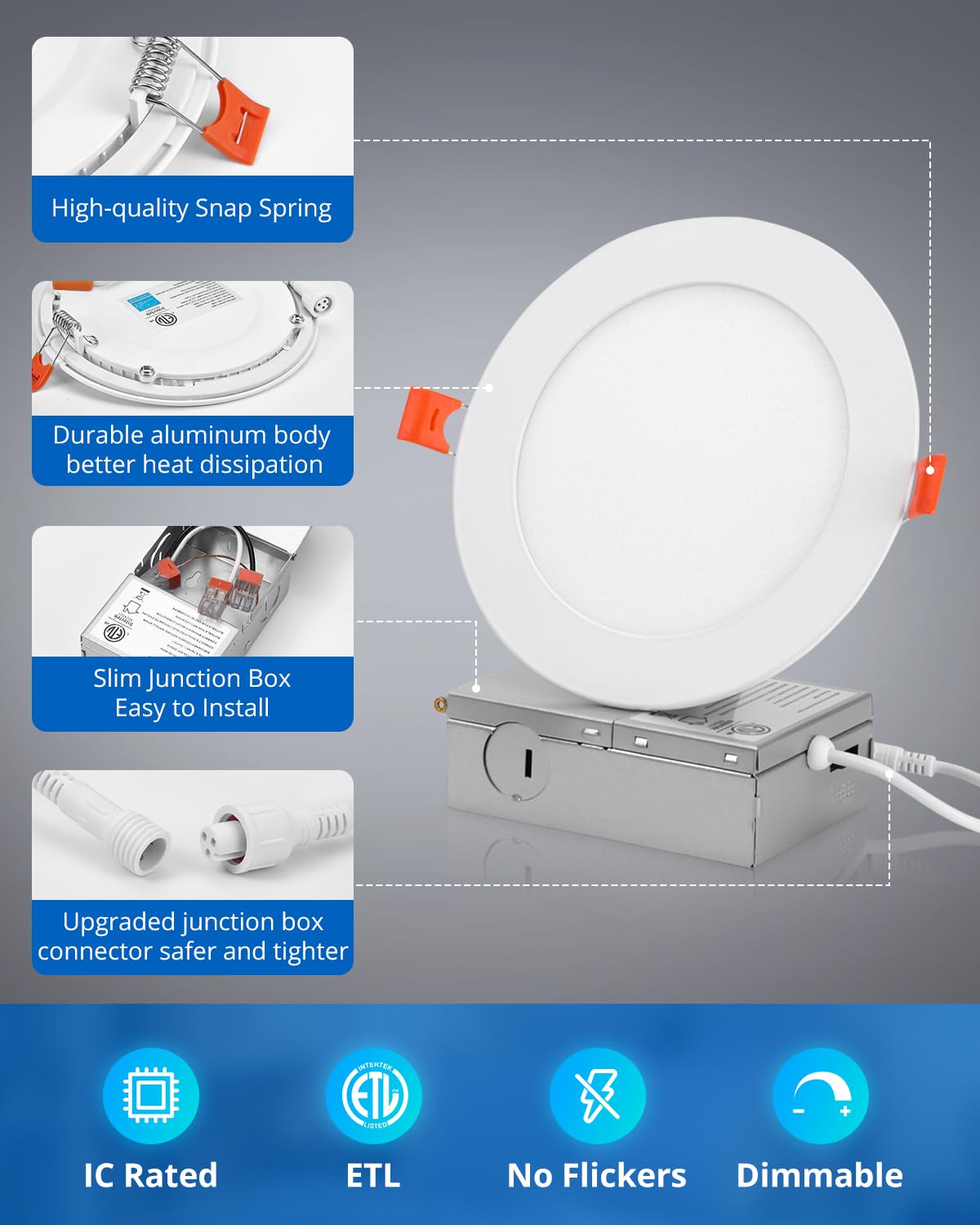 Vtuik 5 Inch LED Recessed Ceiling Light, 10W Dimmable Canless Wafer Downlight, Damp-Rated for Kitchen Living Room Basement Bathroom, Ultra Thin with Junction Box, 800LM 7CCT 2700K-6500K, 8 Pack