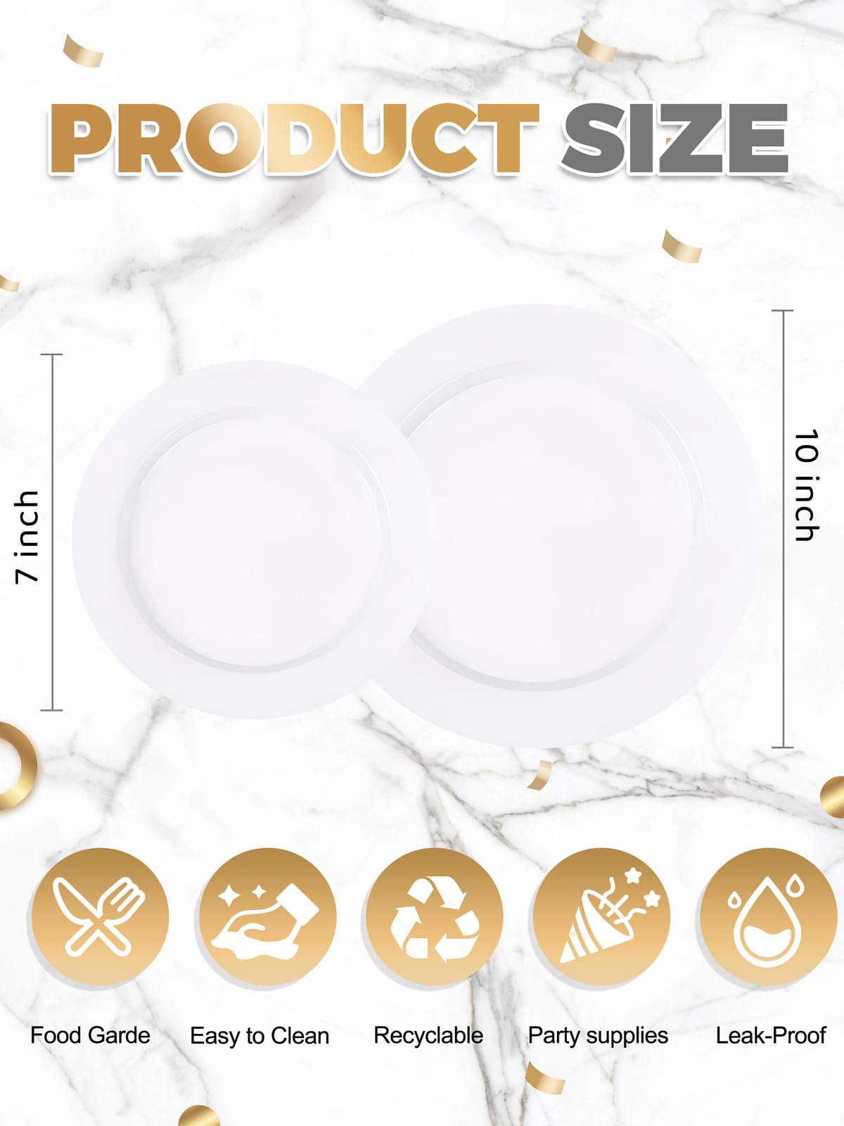 WDF 200pcs White Plastic Plates Disposable - Heavy Duty Plastic Plates for Party - Include 100 x 10 Dinner Plate and 100 x 7 Dessert/Cake Plate - Ideal for Weddings/Parties/Events