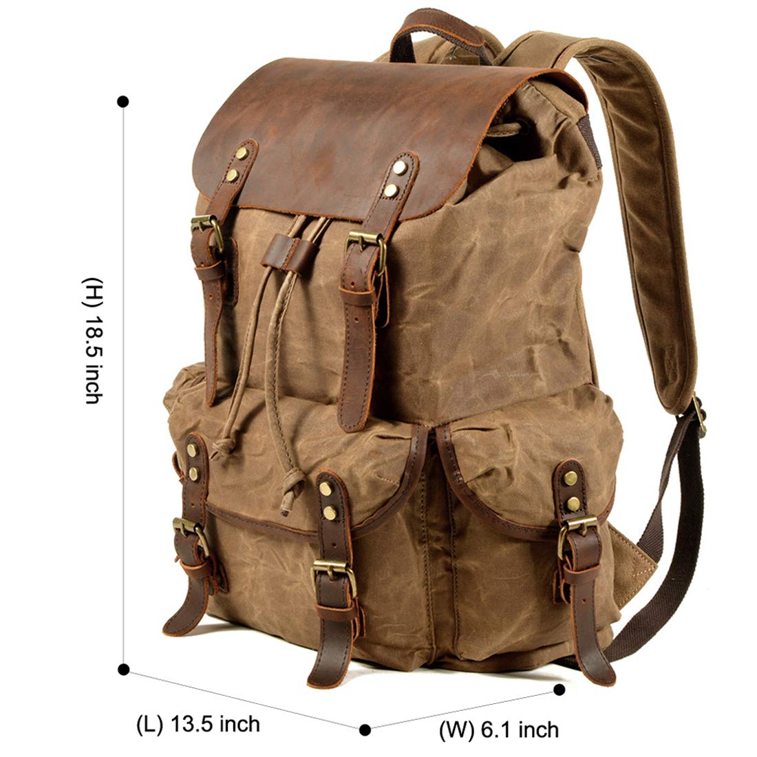 WUDON Leather Backpack for Men, Waxed Canvas Shoulder Rucksack Carry-On Travel Backpack (Khaki)