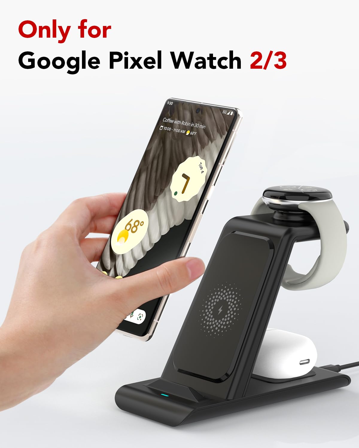 Upgraded 3 in 1 Wireless Charger Compatible with Google Pixel Watch 3/2, Pixel 9 Pro XL/9/Fold/8/7/7A/6 Pro, Pixel Buds Pro/2, Wireless Charging Station for Multiple Devices (Not for Pixel Watch 1)