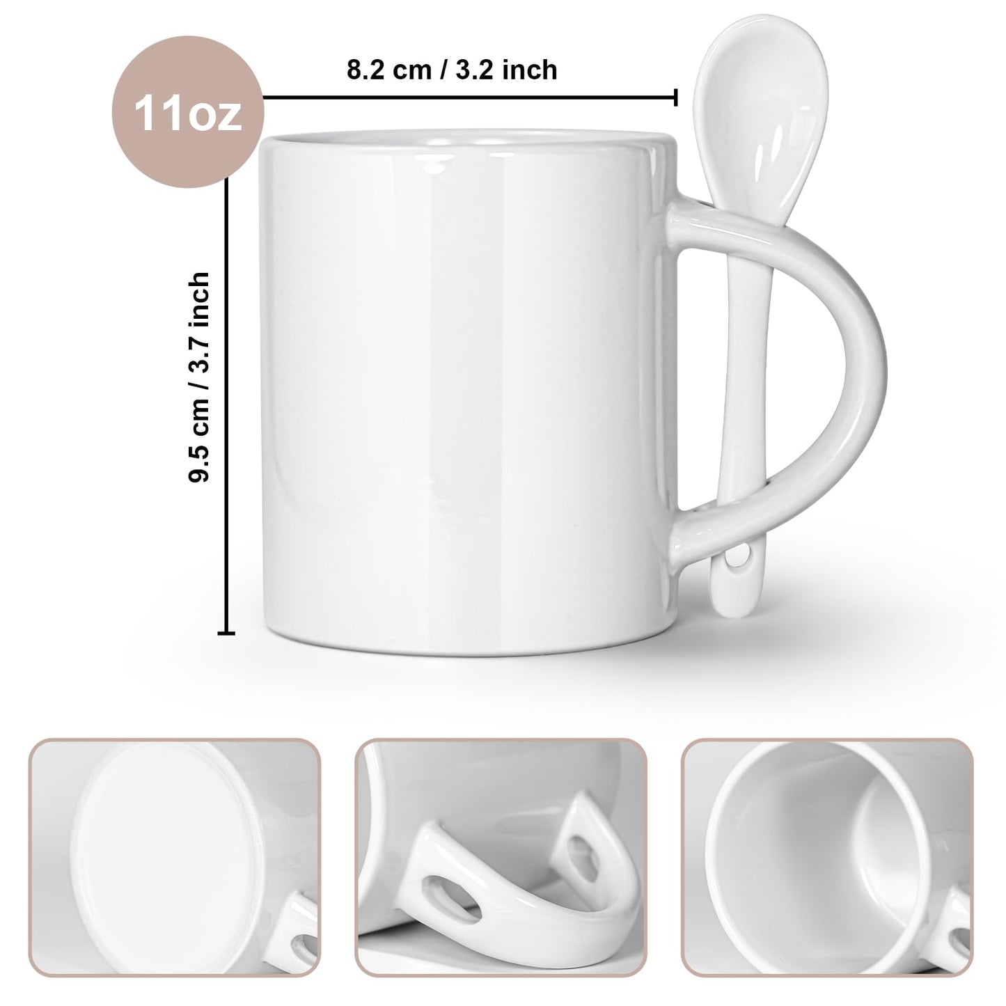 AGH Sublimation Coffee Mugs Blank 11 oz, White Straight Ceramic Cups with Pink Black White Red Interior, Handle, Spoon, Bulk Bundle Set of 12