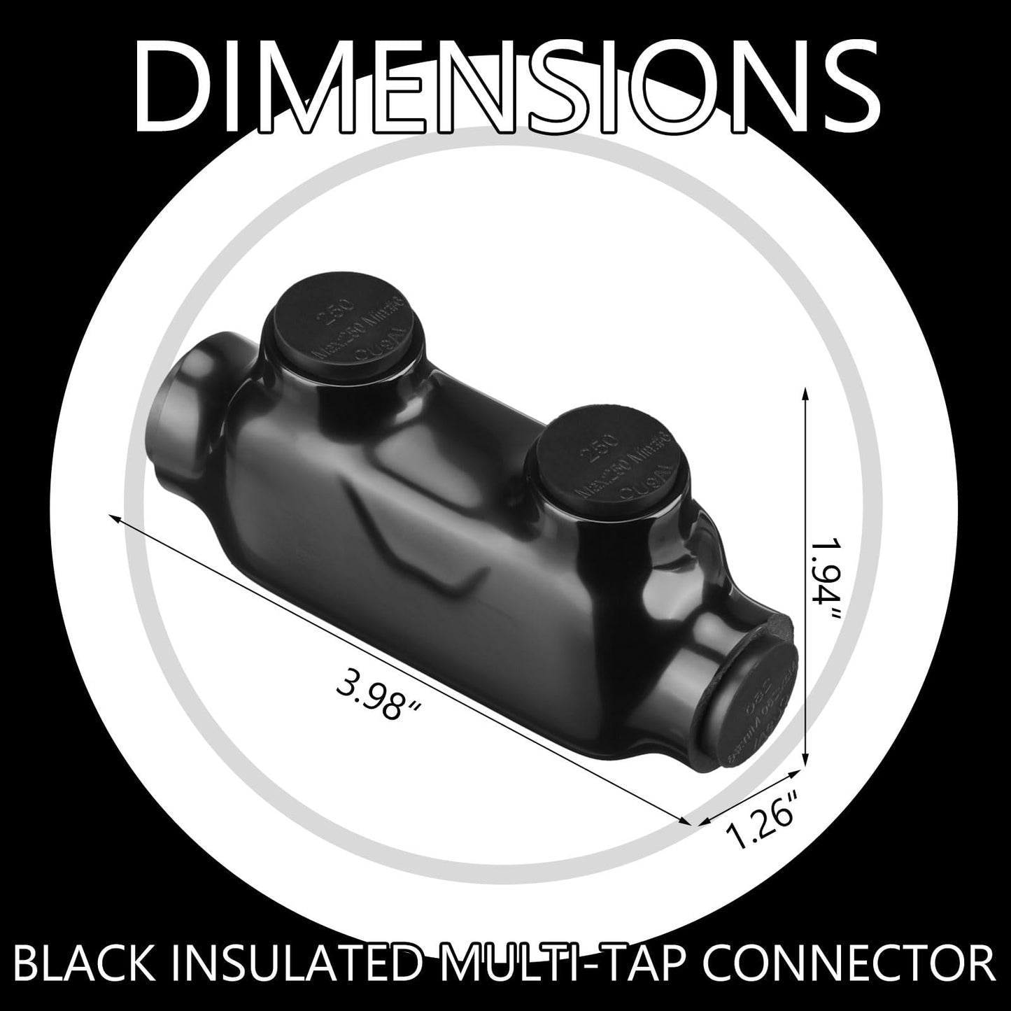 Copkim 5 Pcs Multi Cable Connectors, Black Vinyl Coated Wire Insulated Splicers with 2 Ports Inline and Dual Sided Entry, Dual Rated for Copper Aluminum (250MCM-6AWG)