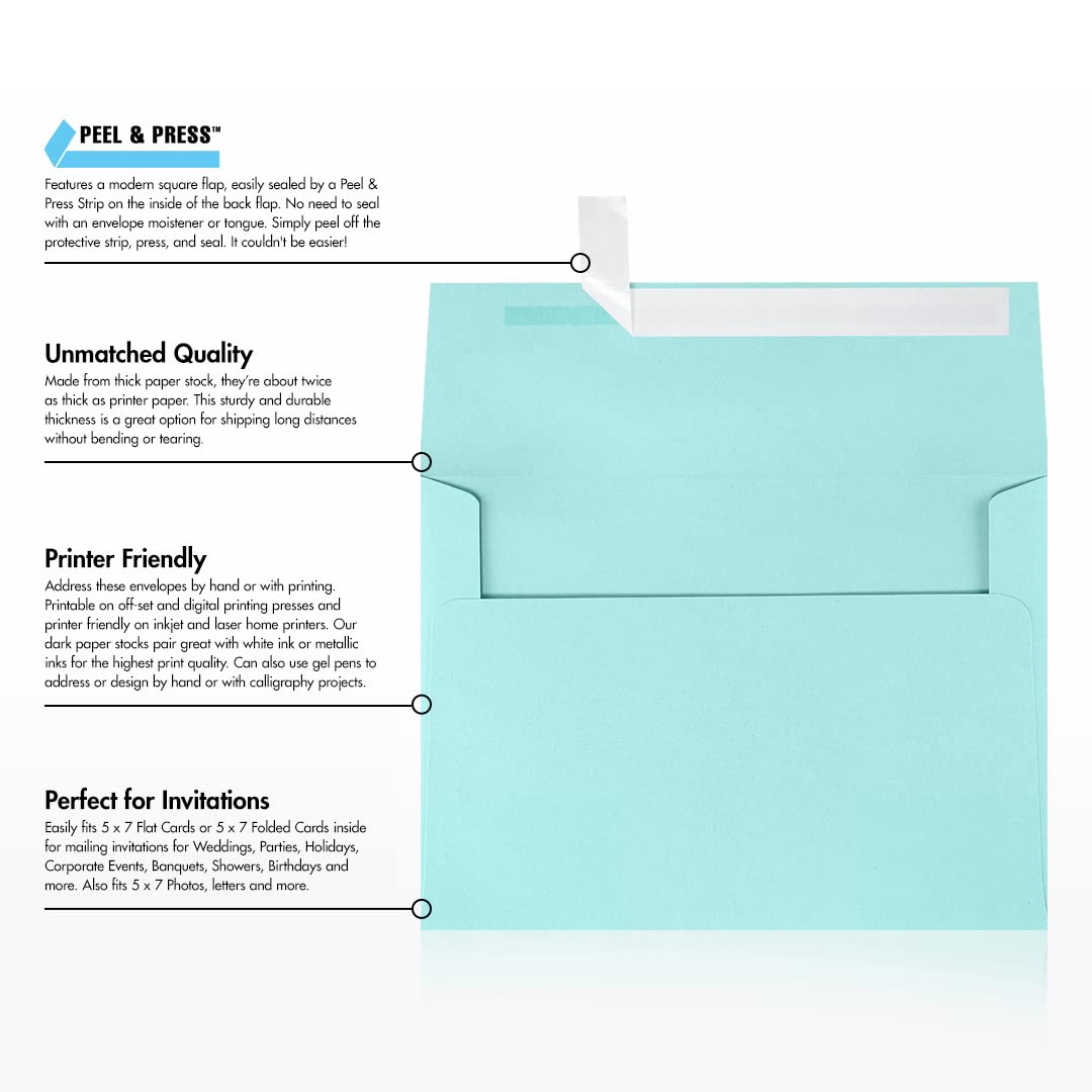 LUXPAPER A7 Invitation Envelopes for 5 x 7 Cards in 80 lb. Seafoam, Printable Envelopes for Invitations, w/Peel and Press Seal, 250 Pack, Envelope Size 5 1/4 x 7 1/4 (Green)
