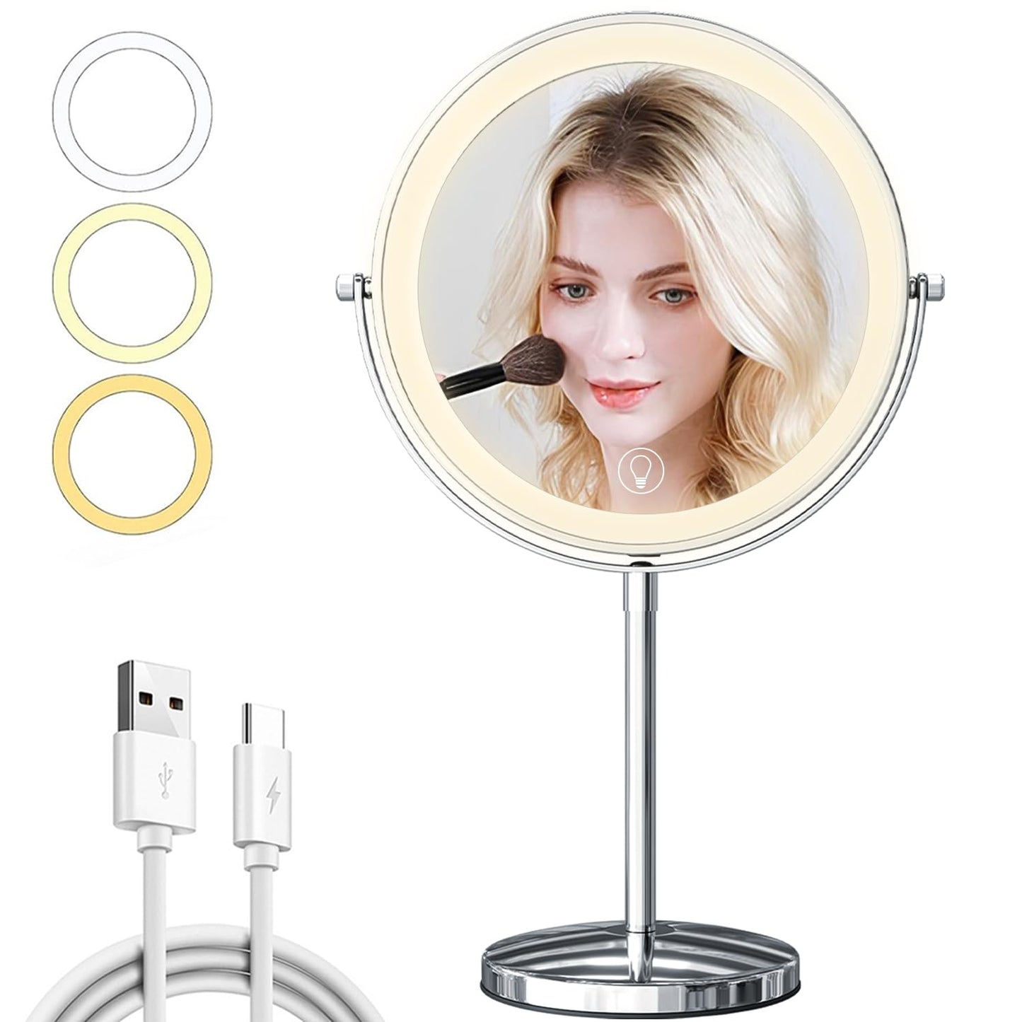 9in Makeup Mirror with Lights, 3x/20x 5000mAh Rechargeable Lighted Makeup Mirror with Magnification, 360° Rotate Magnifying Mirror,3 Color,Dimmable up,3800lux,80 LEDs,No Height Adjustment,Silvery