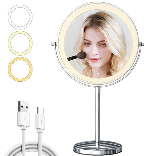 9in Makeup Mirror with Lights, 3x/20x 5000mAh Rechargeable Lighted Makeup Mirror with Magnification, 360° Rotate Magnifying Mirror,3 Color,Dimmable up,3800lux,80 LEDs,No Height Adjustment,Silvery