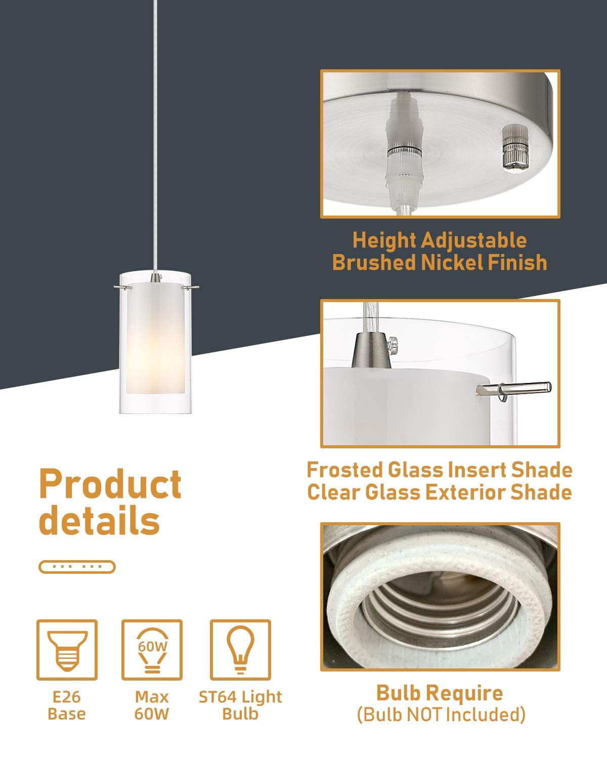 AKEZON 3-Light Pendant Light, Indoor Glass Hanging Light Fixture, Adjustable Height, Brushed Nickel Finish for Kitchen Dining Room