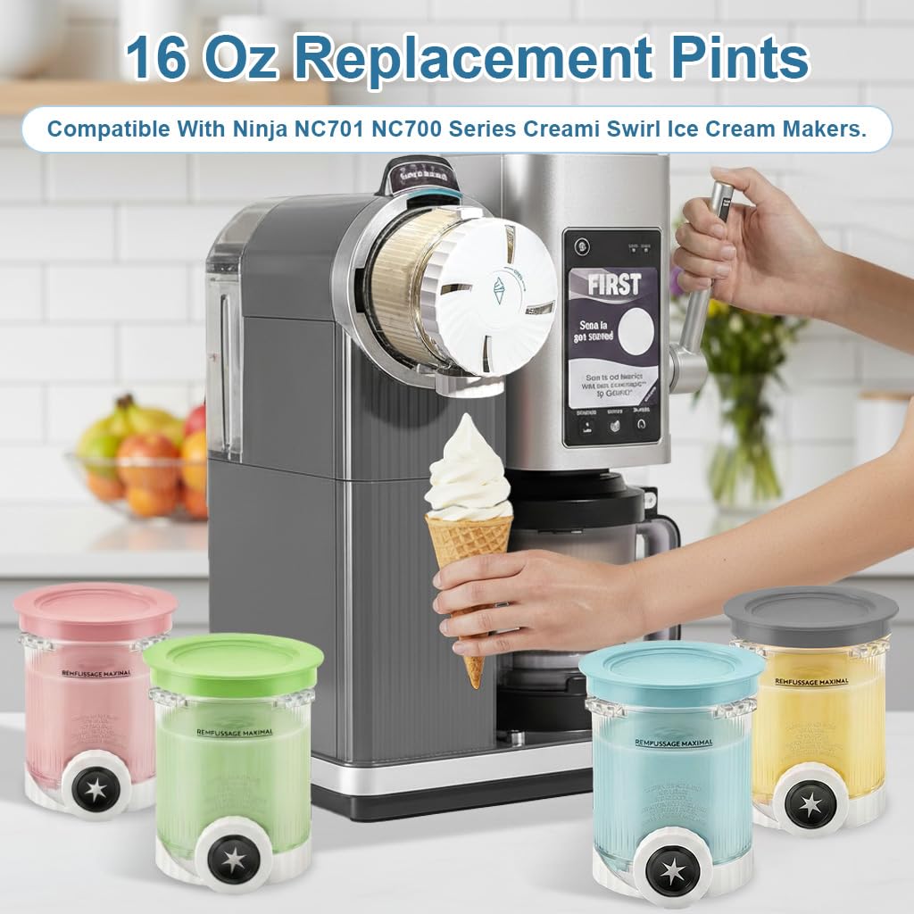 4 Pack Creami Swirl Pints and Lids for Ninja, Compatible with NC700 Series, NC701, NC701C, Creami Containers for Swirl Ice Cream & Soft Serve Makers, BPA-Free & Dishwasher Safe, Clear/Multi-Color
