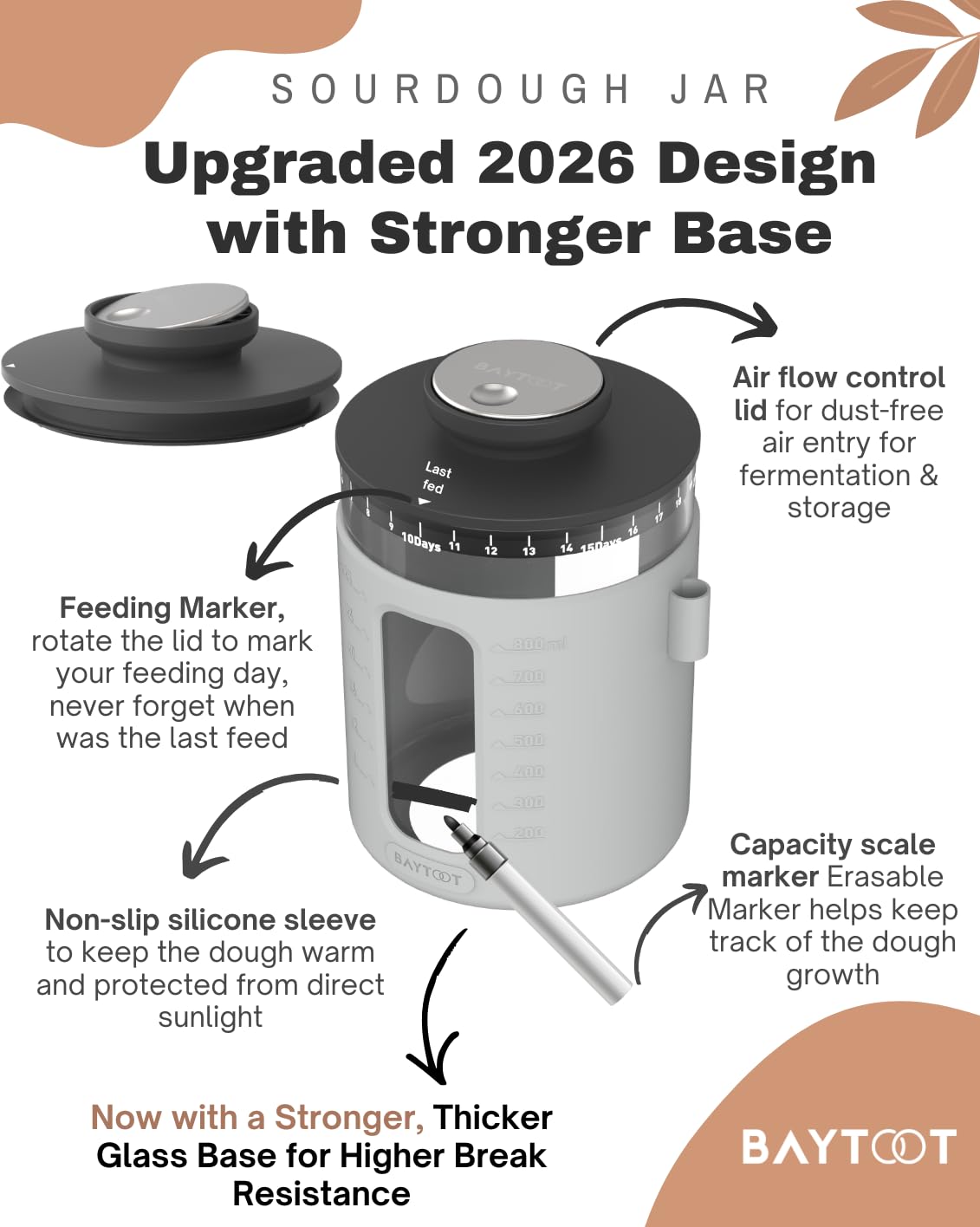 Wide Mouth Sourdough Jar Starter Kit 33 oz - UPGRADED 2026 DESIGN with Reinforced Thick Glass Base - Ideal Sourdough Jar for Fermentation, Airflow Lid, Feeding Marker & Spatula Included (Grey)