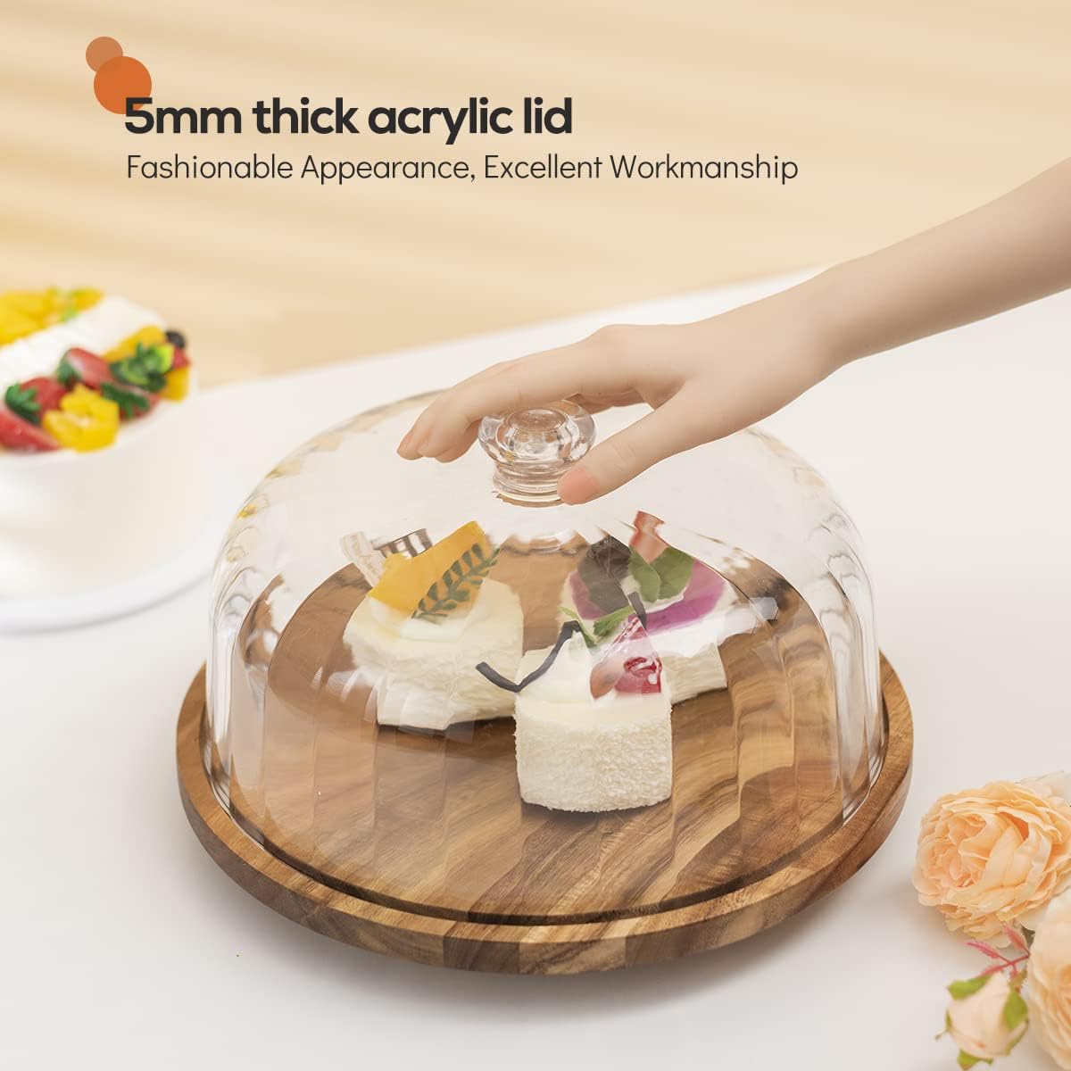 cutesun Wood Cake Stand with Lid, 11.8'' Rotating Cake Stand with Dome, Shaterproof 10.4'' Acrylic Cake Display Cover, Cake Holder Tray for Wedding Gift，Kitchen,Birthday,Parties,Baking Gifts