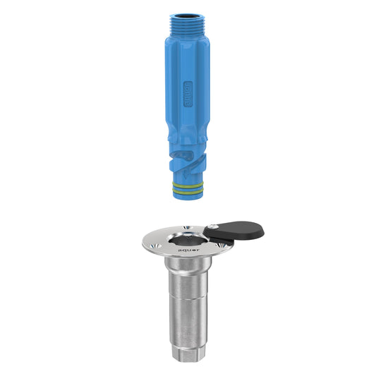 Aquor Universal Hydrant, Hose Quick Connection with Check Valve, Universal Water Inlet for DIY Applications and Outdoor Faucet Needs, Stainless Steel Flush-Mount, ½” NPT (f) x ¾” GHT (m)