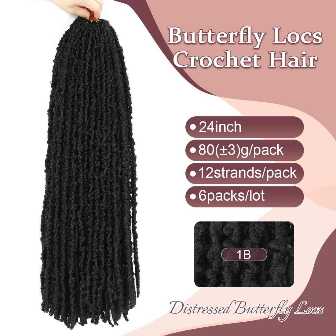 GetGal 24 inch Butterfly Locs Crochet Hair Pre Looped Distressed Faux Locs Crochet Hair for Black Women 6 Packs Butterfly Soft Locs Natural Hair Extension(24inch,1B)