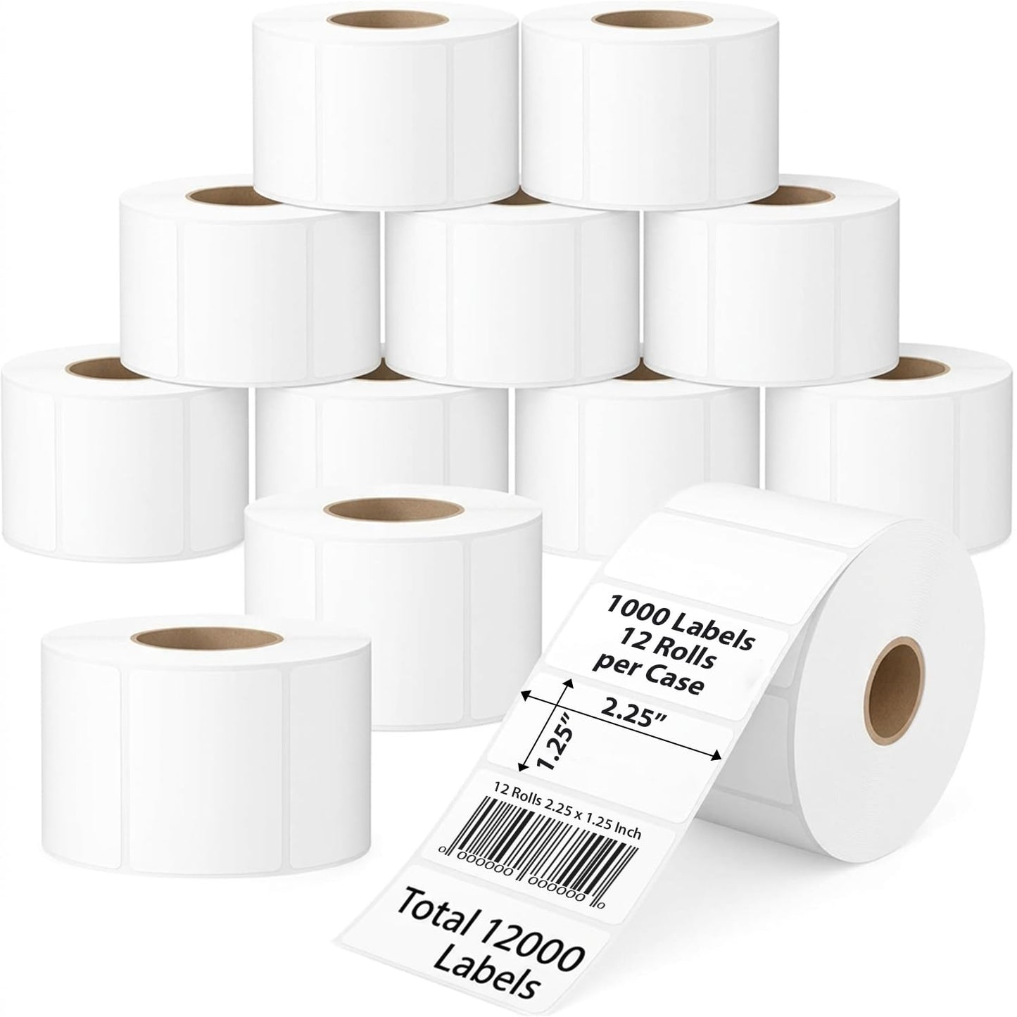 CEPRICO 2.25” x 1.25” Direct Thermal Labels – 12 Rolls (1000 Labels/Roll) Perforated Waterproof Barcode Address Sticker, Self-Adhesive White Label, Compatible w/Zebra & Rollo Printers for FBA Shipping