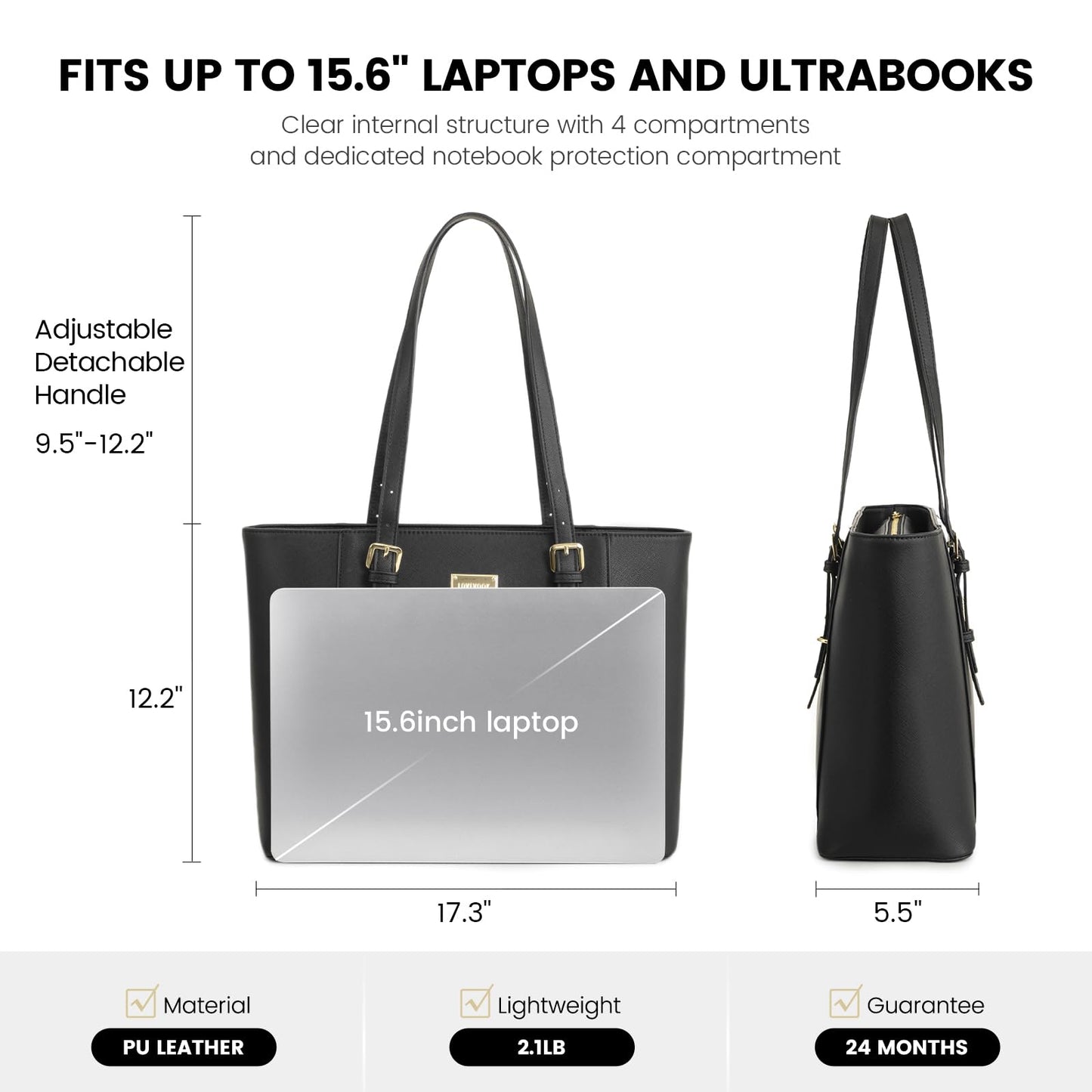 Laptop Bag for Women Large Office Handbags Briefcase Fits Up to 15.6 inch (Updated Version)-Black