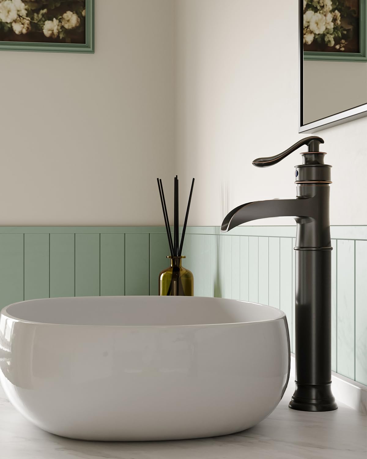 BWE Waterfall Spout Oil Rubbed Bronze Bathroom Faucet Single Handle One Hole Vessel Sink Faucet ORB Lavatory Faucets Deck Mount Tall Body Commercial