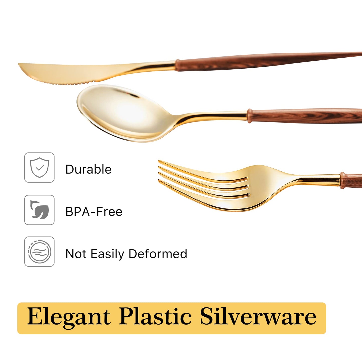 Lullaby 240PCS Gold Plastic Silverware, Gold Disposable Cutlery with Wood Grain Handle Include 80 Forks, 80 Spoons, 80 Knives, Elegant Disposable Silverware for Wedding, Party, Gathering, Daily Use