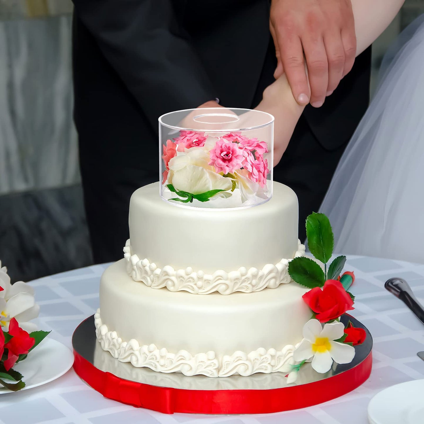 Sintuff 3 Pcs Acrylic Cake Stand with LED Lights 6'', 8'', 10'' Clear Fillable Cake Riser Round 3 Tier Case Cylinder Box for Wedding Birthday Holiday Party Food Display, 3 Sizes