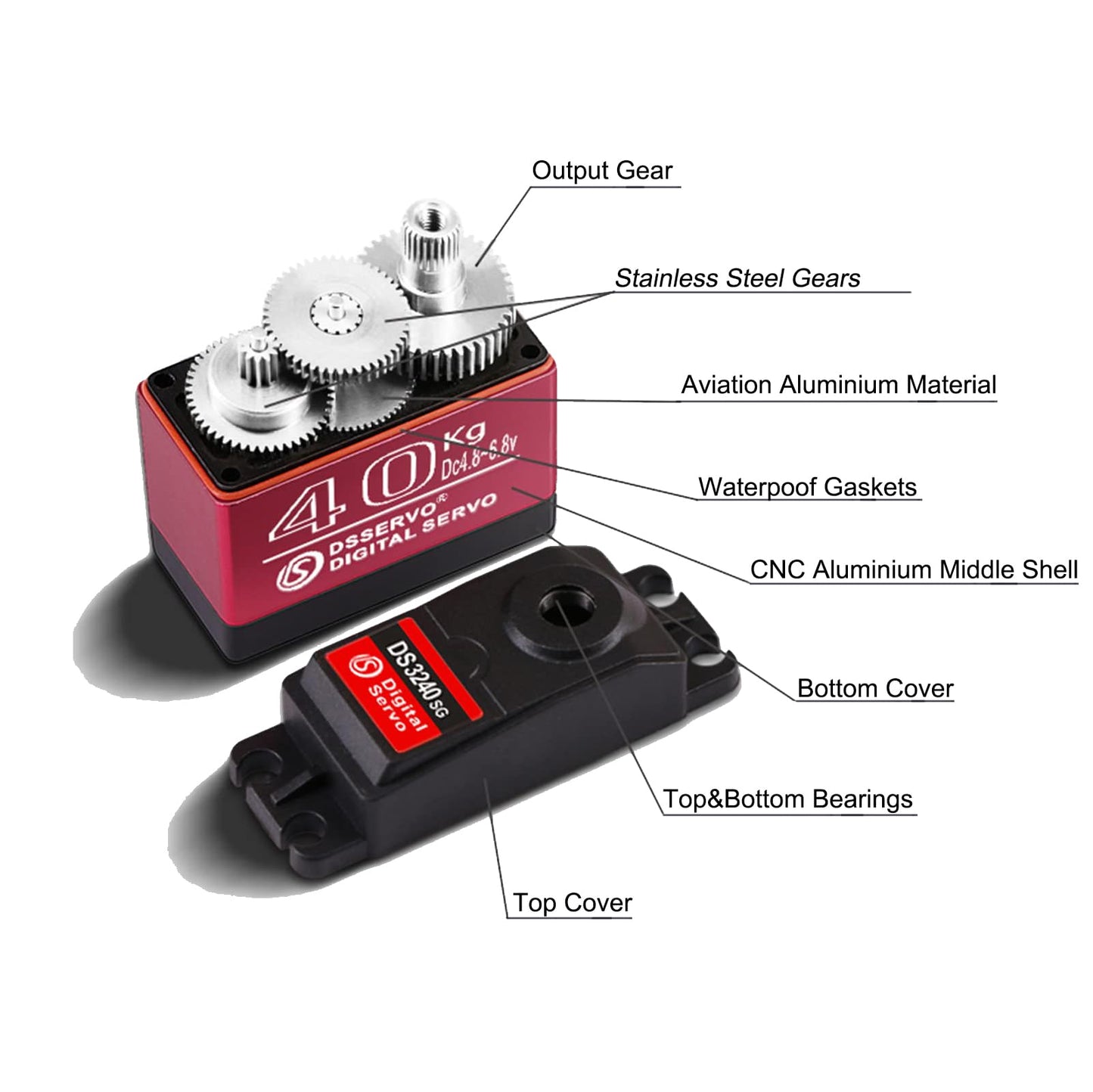 HOOYIJ 2Pack 40KG Digital RC Servo Waterproof DS3240MG High Torque Full Metal Gear Steering Servo Motor for 1/8 1/10 Scale RC Crawler Car Buggy Control Angle 270° 500us-2500us