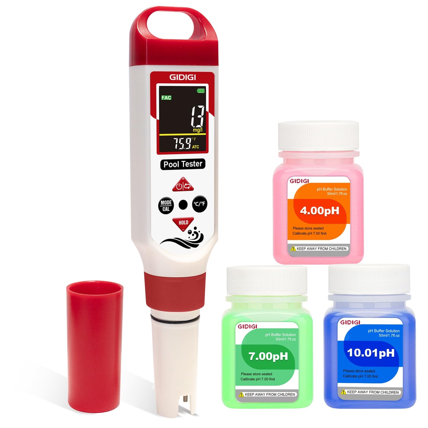 GIDIGI pH Chlorine Meter Digital 7 in 1, Pool ORP Salinity Meter Test pH CL Salt ORP EC TDS Temp, for Pools Aquariums Hydroponics Drinking Water Hot Tubs, Water Test Kit, with Calibration Solution