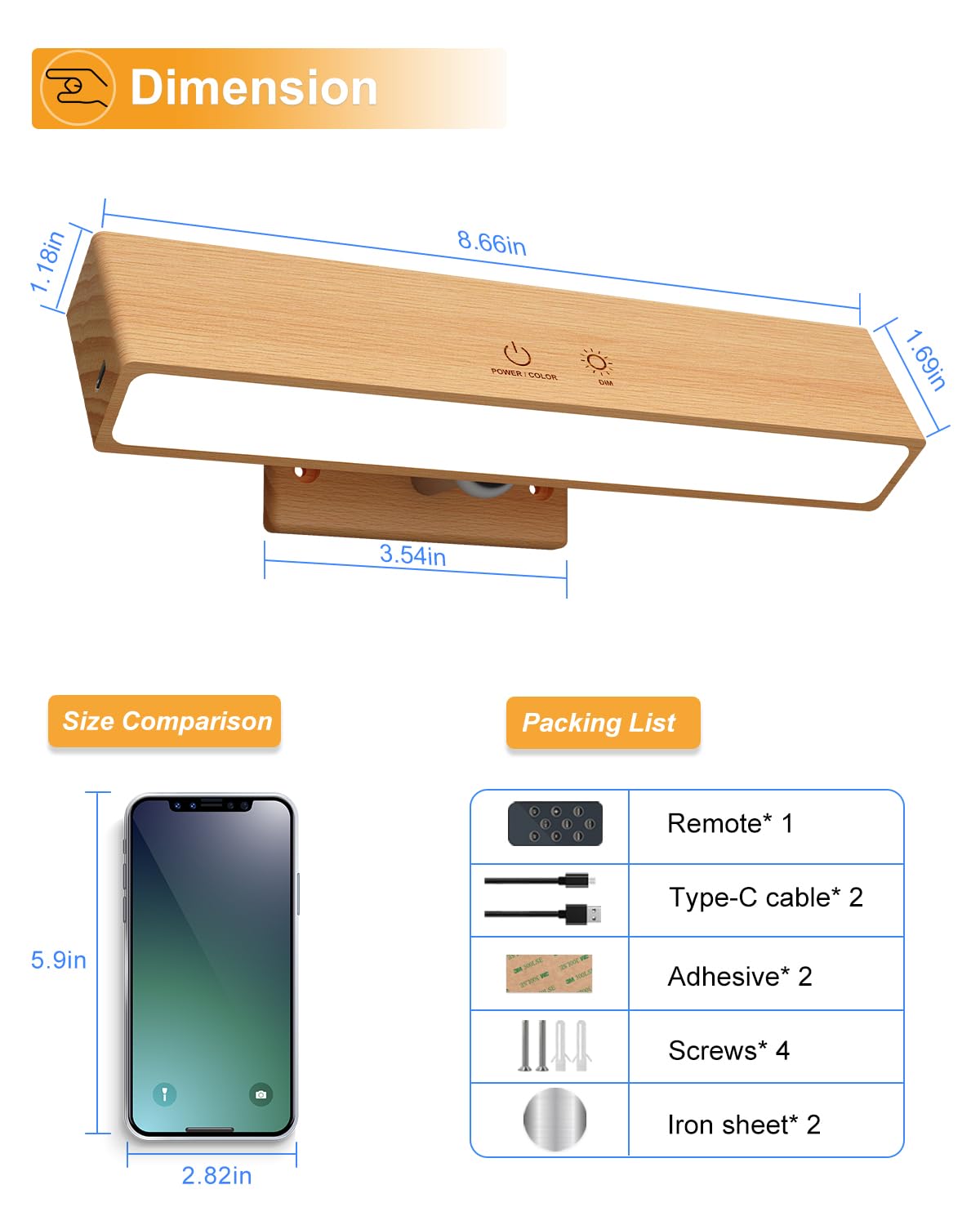 Rechargeable Wood Wall Lights (2 Pack) with Remote & Touch, 5200mAh Battery Operated Wall Sconce with 3 Color Temperatures & RGB. Magnetic, Stick-On, Dimmable Wall Reading Lamp for Bedroom, Picture