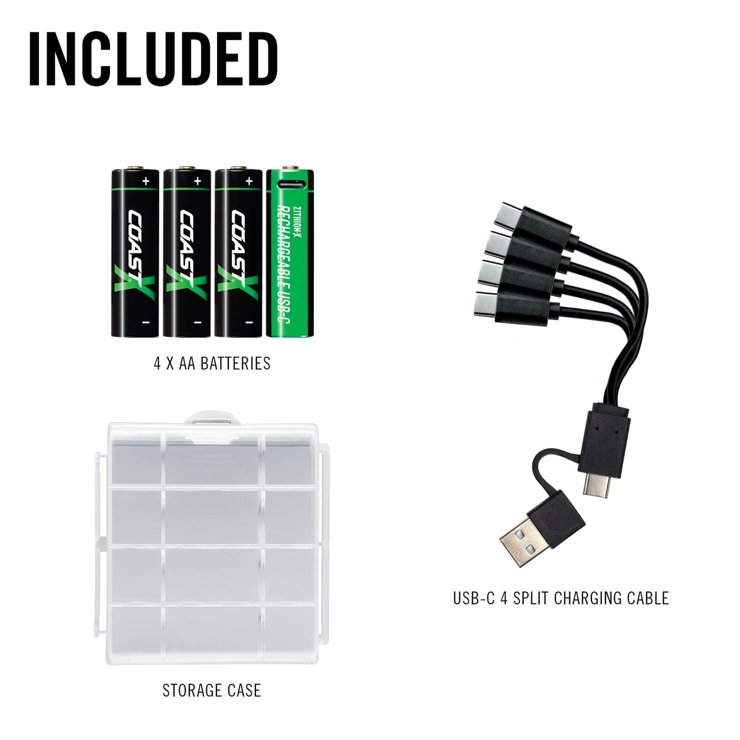 Coast AA USB-C Rechargeable Batteries, ZITHION-X, Lithium Ion 1.5v 2400 mAh, Long Lasting, Charges Under 2.5 Hours, Charging Cable Included, 4-Battery Pack