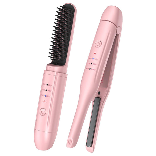 2Pcs Pink Cordless Portable Hair Straightener and Travel Hair Straightener Brush Set with Carrying Case, Hair Straightening Irons and Hot-Air Hair Brushes Set for Beauty and Personal Care