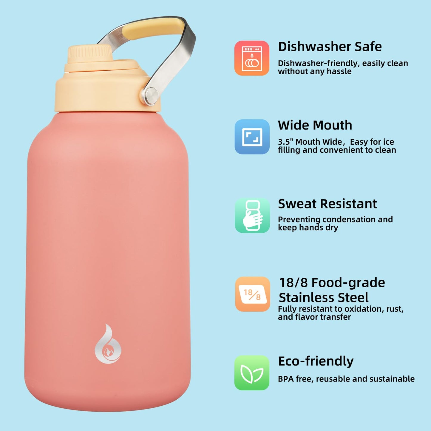 BJPKPK 1 Gallon Water Bottle Insulated, Dishwasher Safe 128oz Large Water Jug with Metal Handle & BPA Free Spout Lid, Stainless Steel Metal Jug for Gym, Sports & Hiking, Pink
